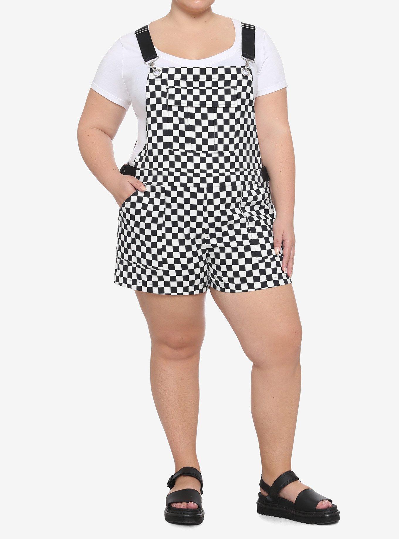 Black & White Checkered Utility Shortalls Plus Size, CHECKERED, alternate