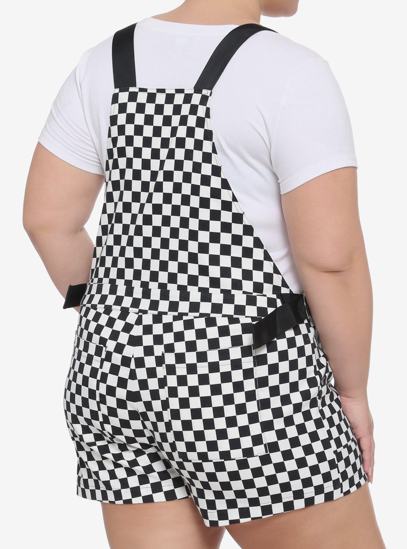 Black & White Checkered Utility Shortalls Plus Size, CHECKERED, alternate