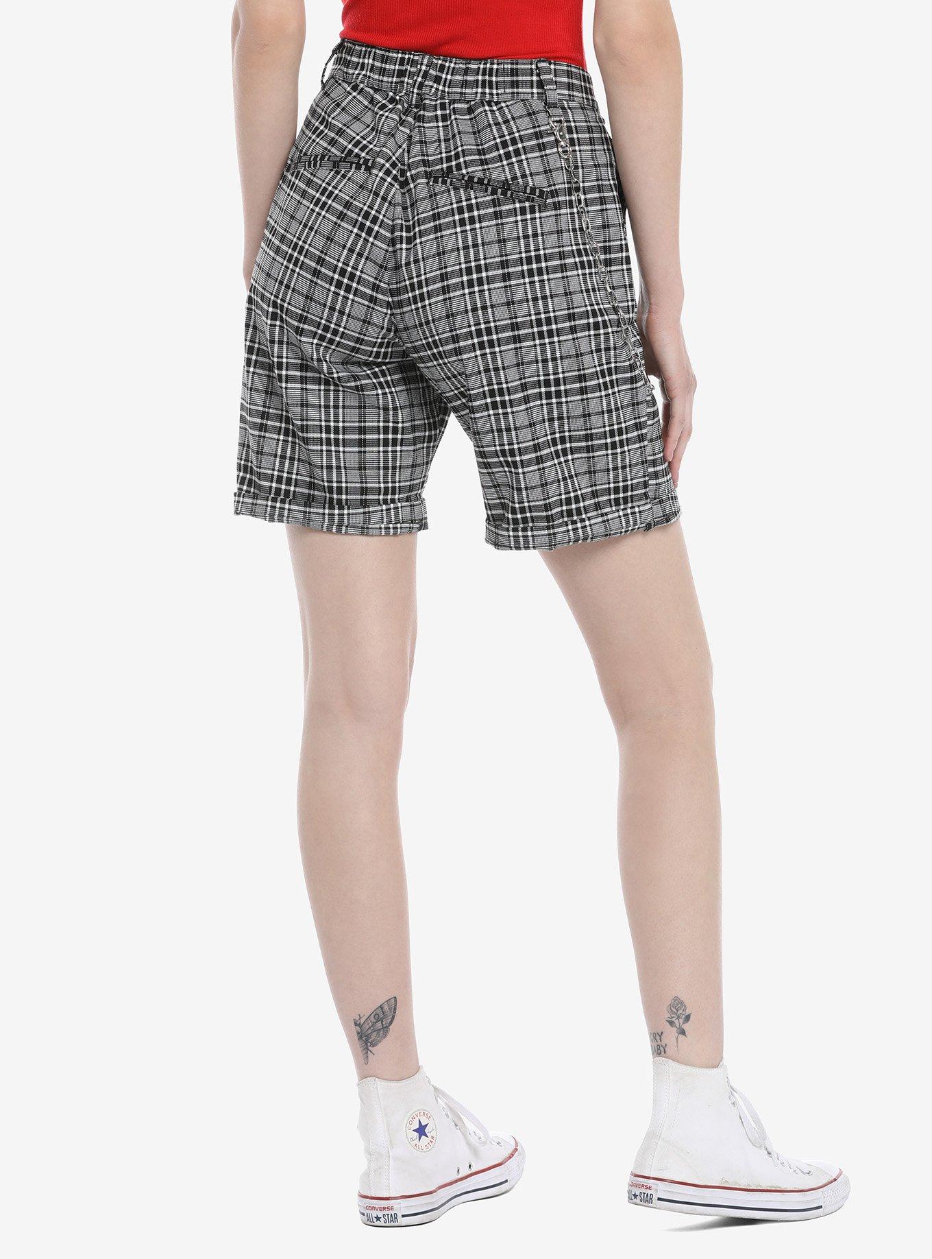 Grey Plaid Bermuda Shorts With Detachable Chain, PLAID, alternate