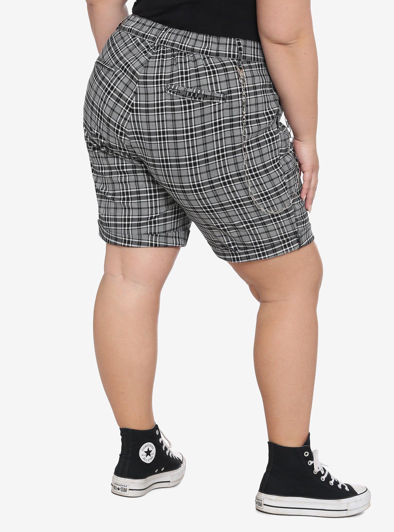 Black & White Plaid Bermuda Shorts With Detachable Chain Plus Size, PLAID, alternate
