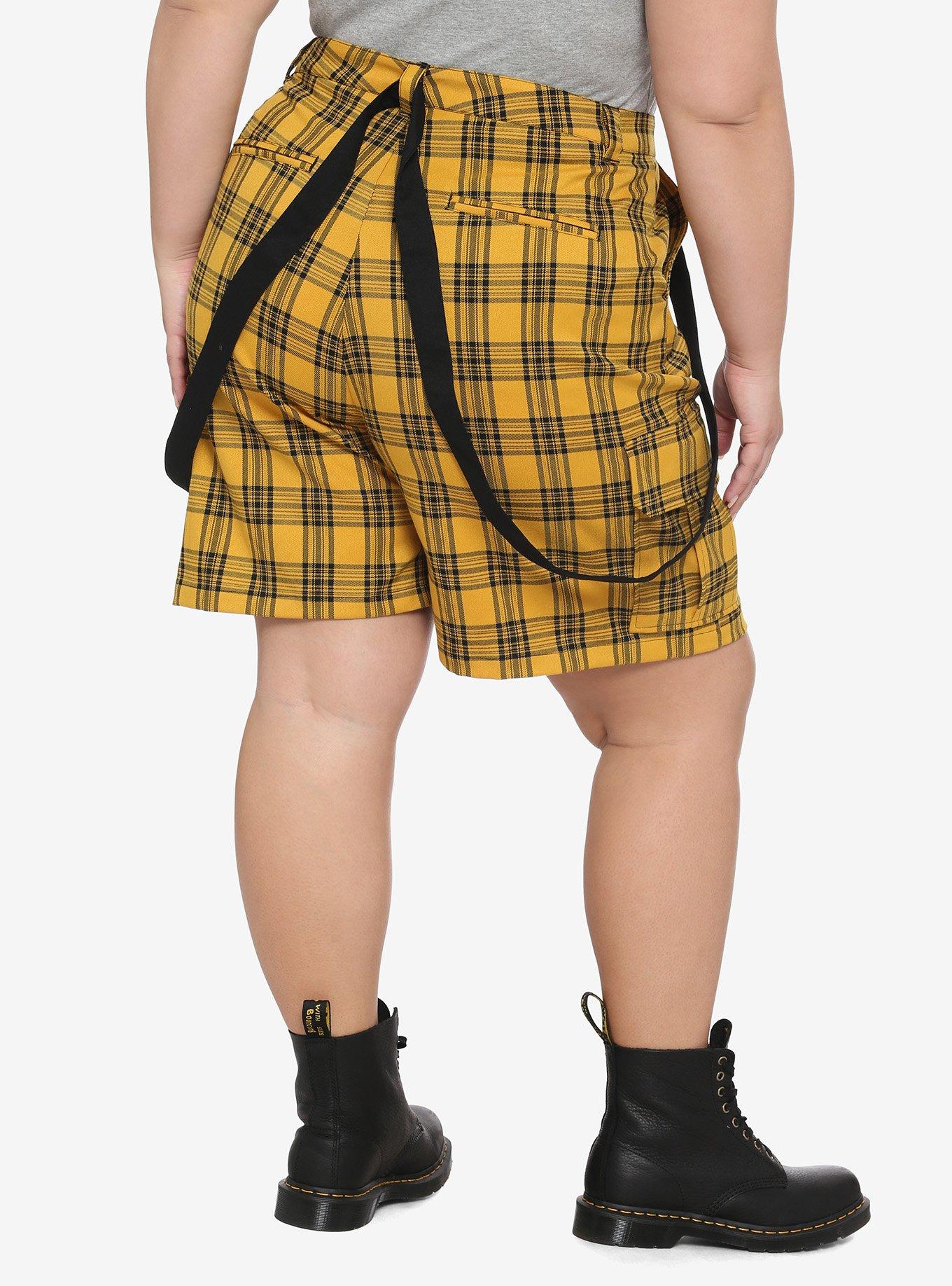 Yellow Plaid Cargo Suspender Bermuda Shorts Plus Size, PLAID - YELLOW, alternate