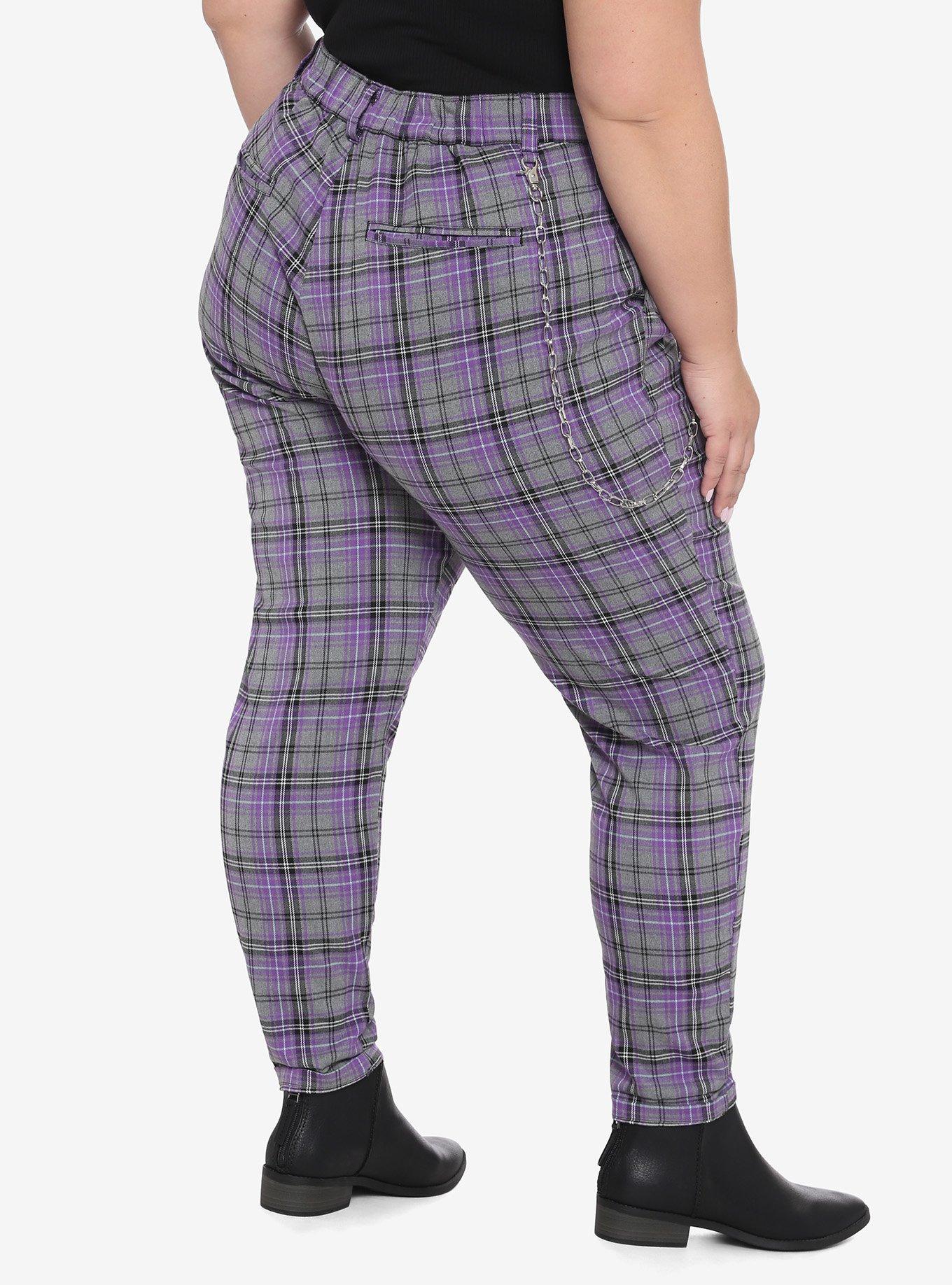 Purple & Grey Plaid Pants With Detachable Chain Plus Size, PLAID, alternate