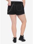 Black Grommet Belt White Stitch Shorts With Detachable Chain Plus Size, BLACK, alternate