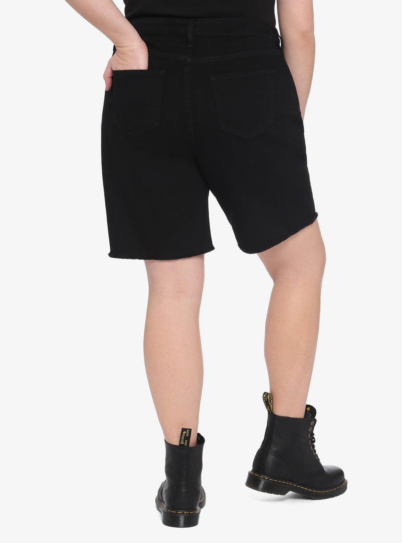 Pistol Black Denim Destructed Shorts Plus Size, BLACK, alternate