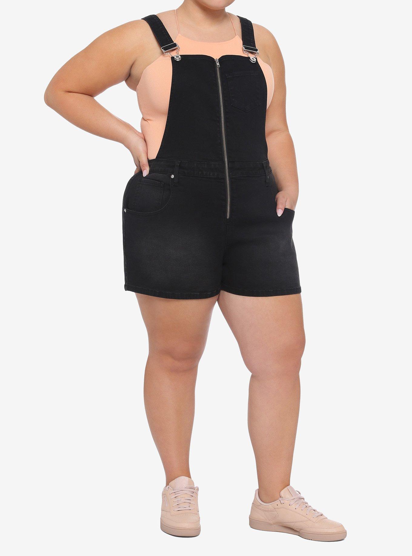 Black Zipper Front Shortalls Plus Size, BLACK, alternate