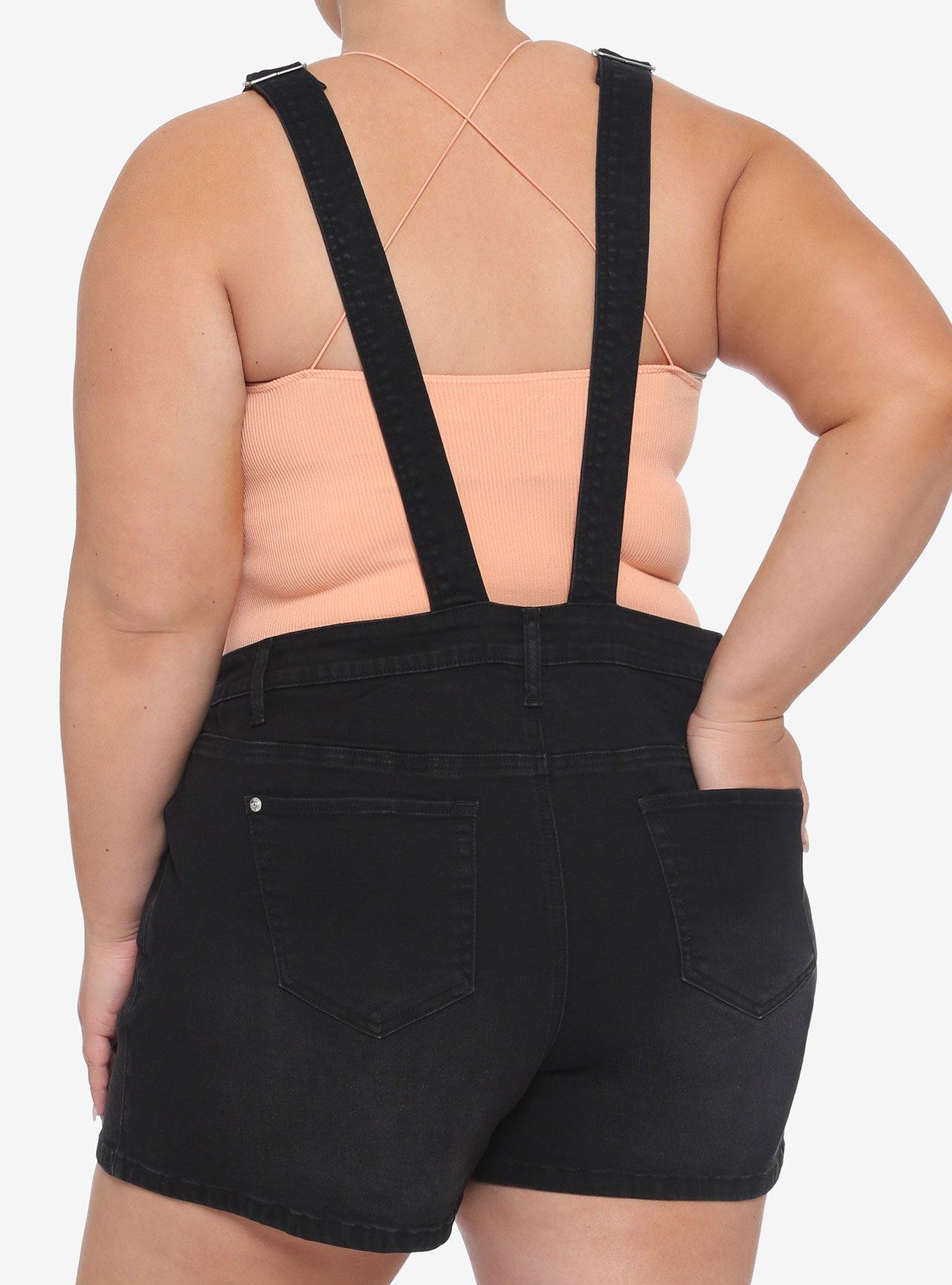 Black Zipper Front Shortalls Plus Size, BLACK, alternate
