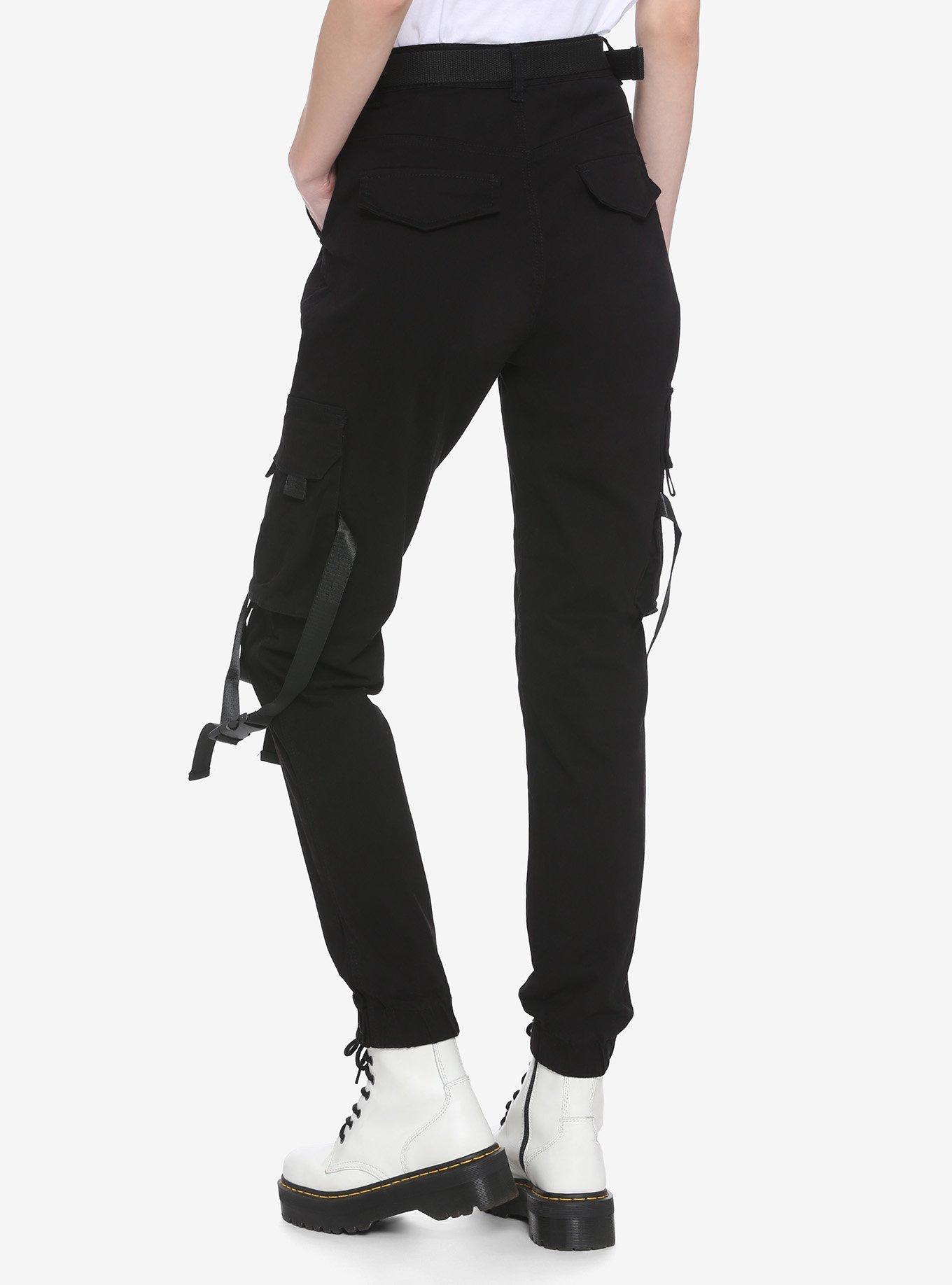 Black High Rise Strap Cargo Pants, BLACK, alternate