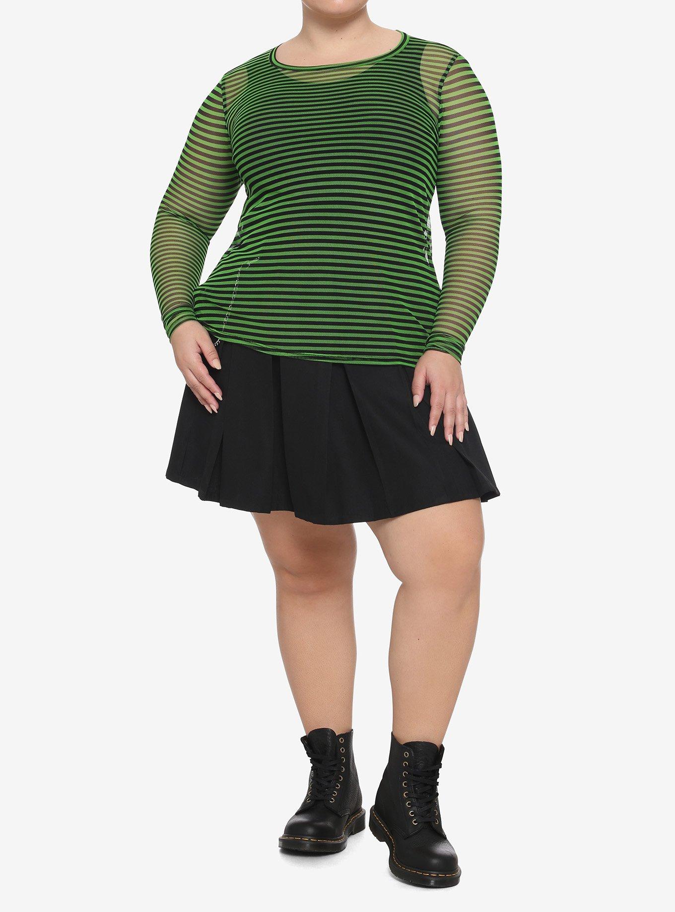 Green & Black Stripe Mesh Girls Long-Sleeve Top Plus Size, STRIPES, alternate
