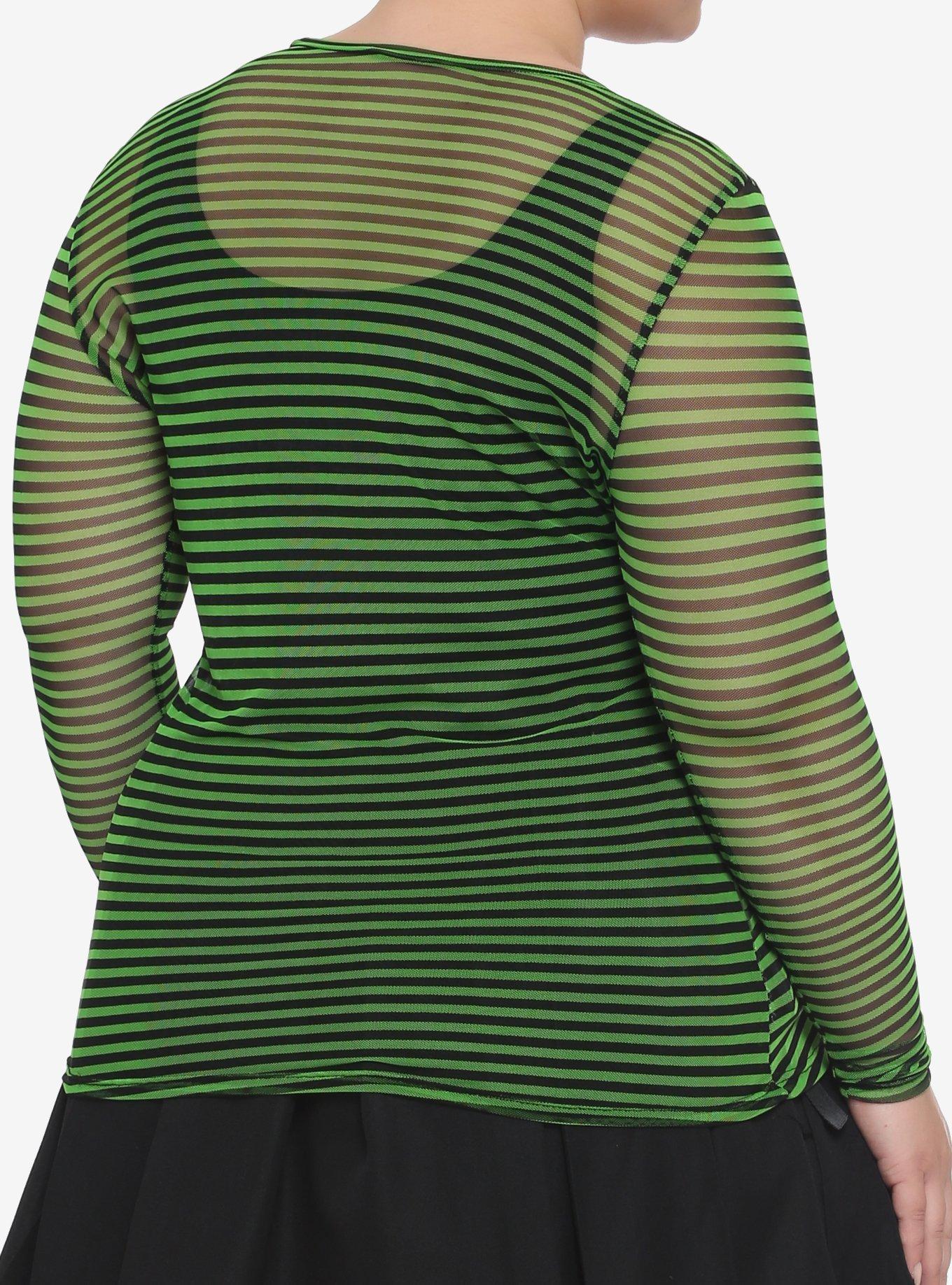 Green & Black Stripe Mesh Girls Long-Sleeve Top Plus Size, STRIPES, alternate