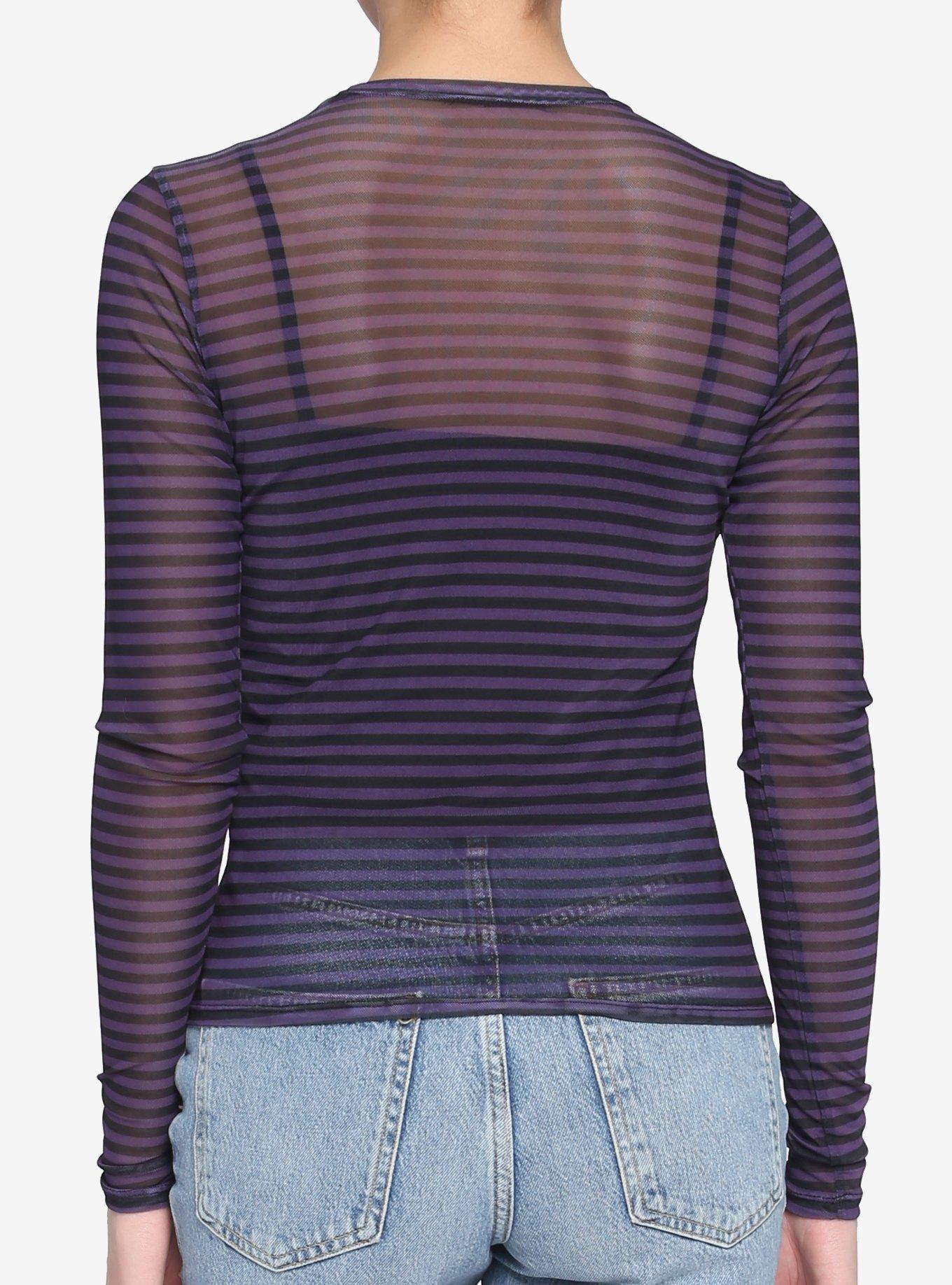 Purple & Black Stripe Mesh Girls Long-Sleeve Top, STRIPE - PURPLE, alternate