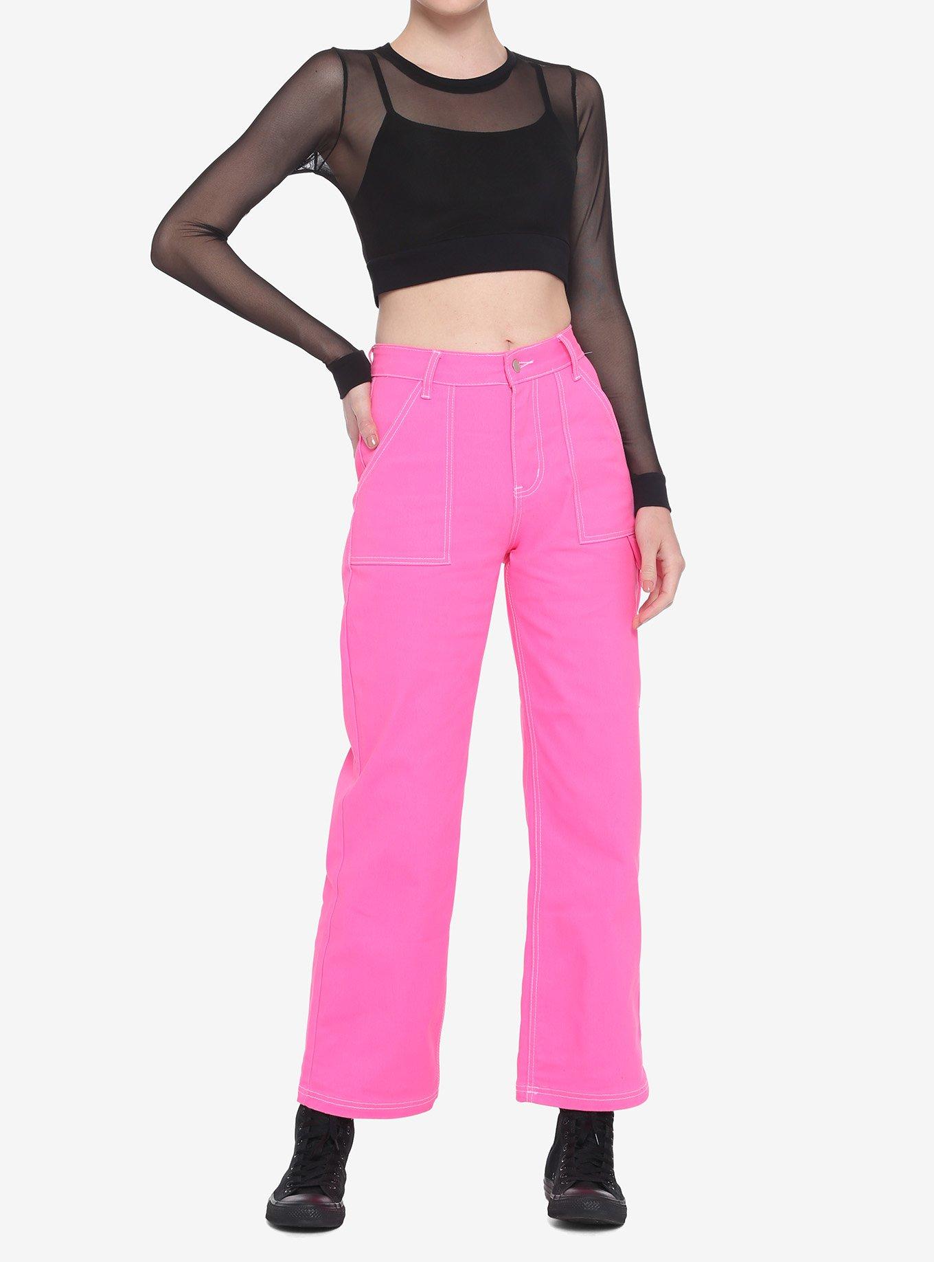 Black Mesh Layered Girls Crop Long-Sleeve Top, BLACK, alternate - view 2