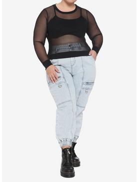 Black Mesh Layered Girls Crop Long-Sleeve Top Plus Size, , hi-res