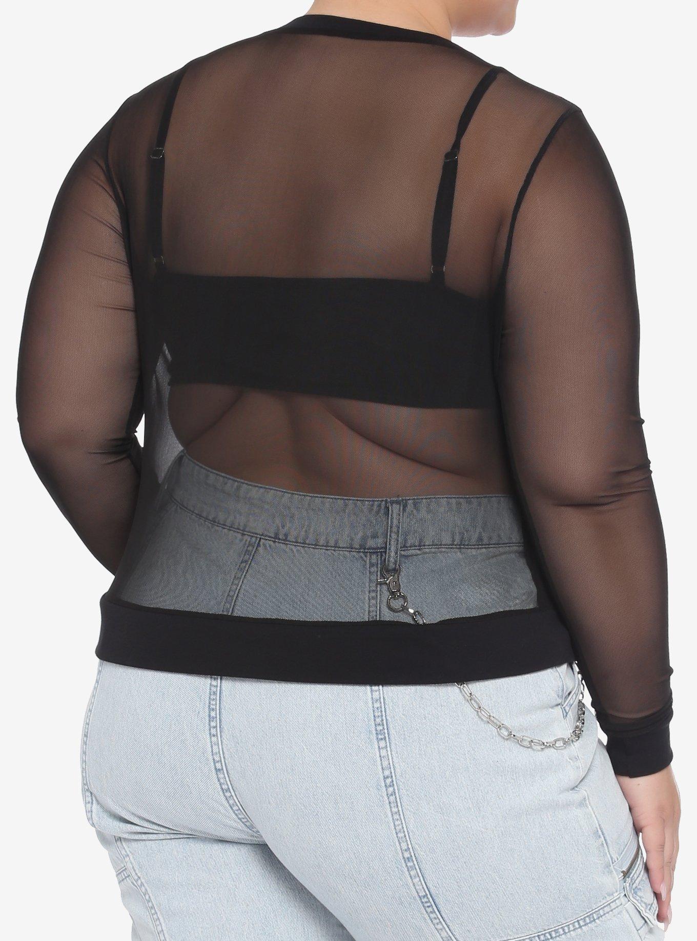 Black Mesh Layered Girls Crop Long-Sleeve Top Plus Size, BLACK, alternate