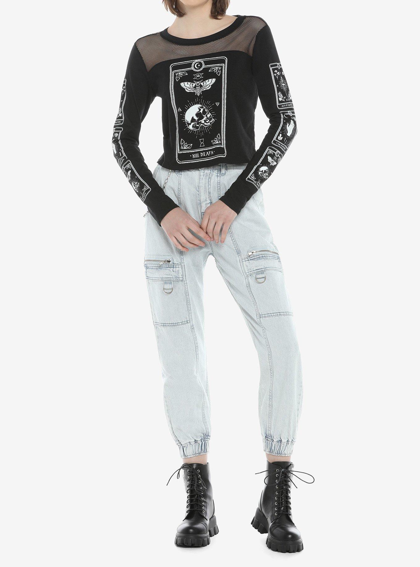 Tarot Card Mesh Girls Crop Long-Sleeve Top, BLACK, alternate