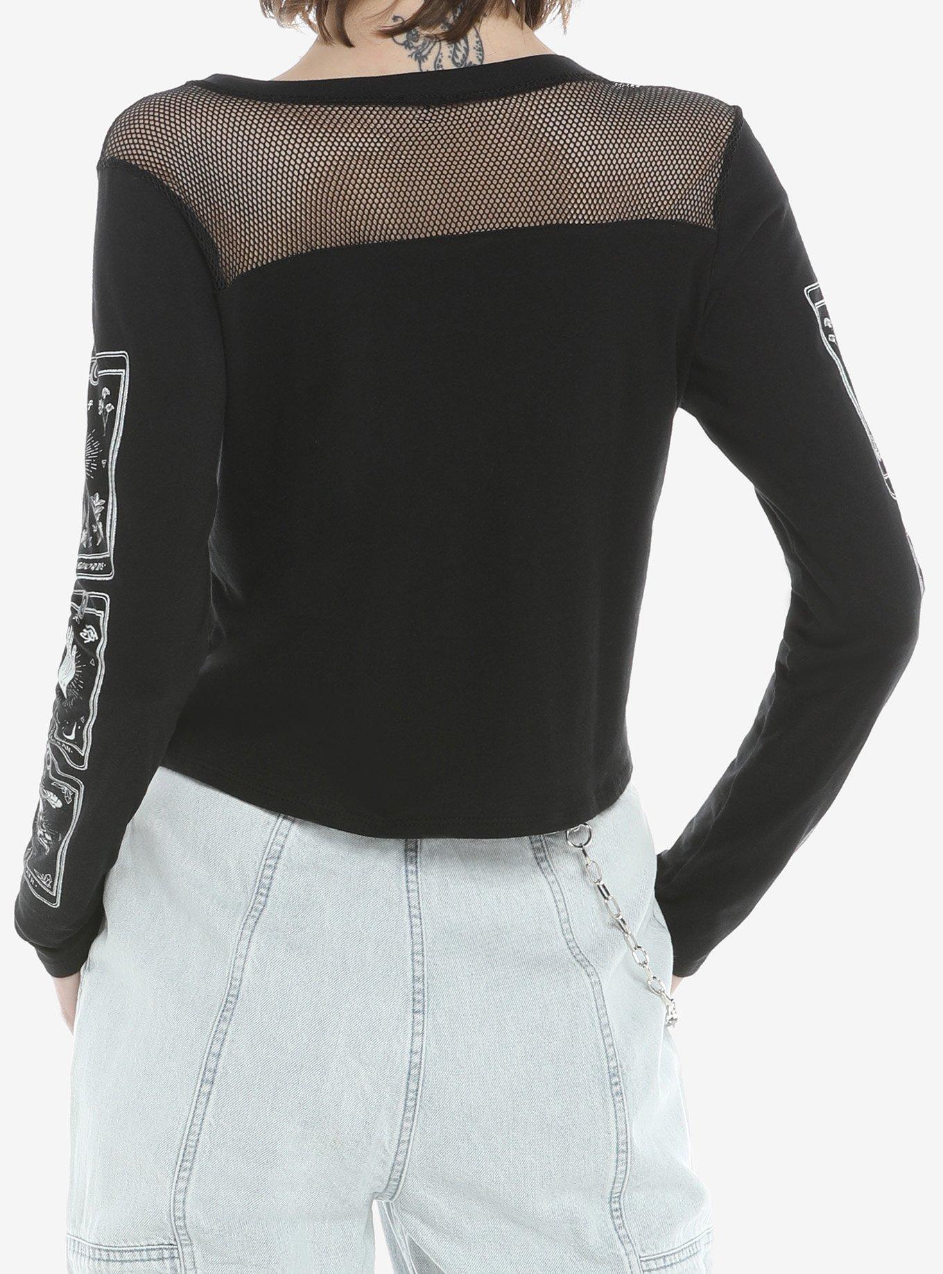 Tarot Card Mesh Girls Crop Long-Sleeve Top, BLACK, alternate