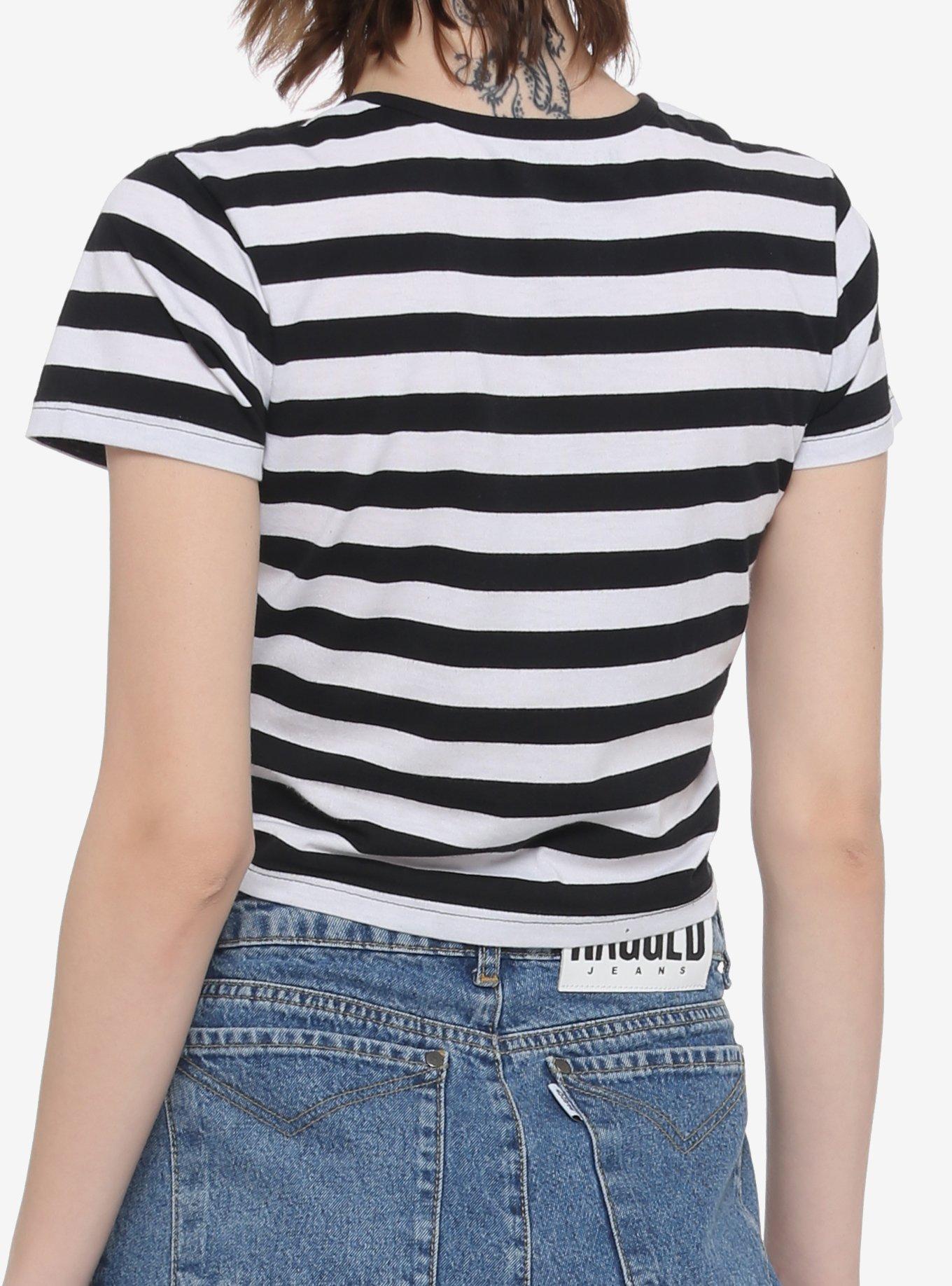 Black & White Stripe Lace-Up Girls Crop T-Shirt, STRIPES, alternate