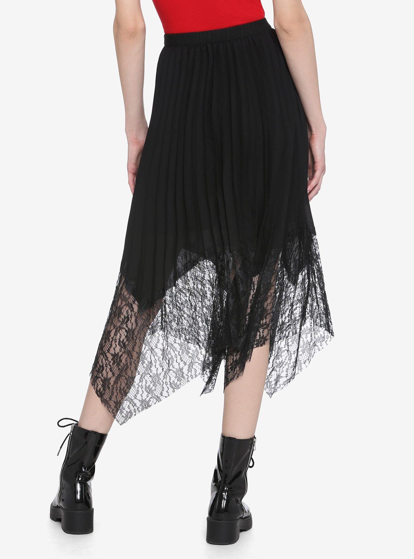 Black Lace Hem Pleated Skirt, IVORY, alternate
