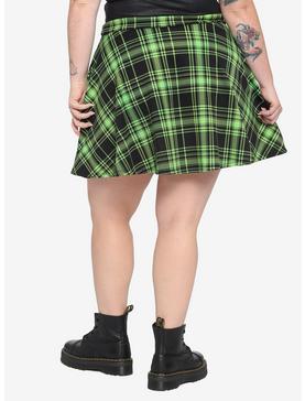 Black & Neon Green Plaid O-Ring Skater Skirt Plus Size, , hi-res