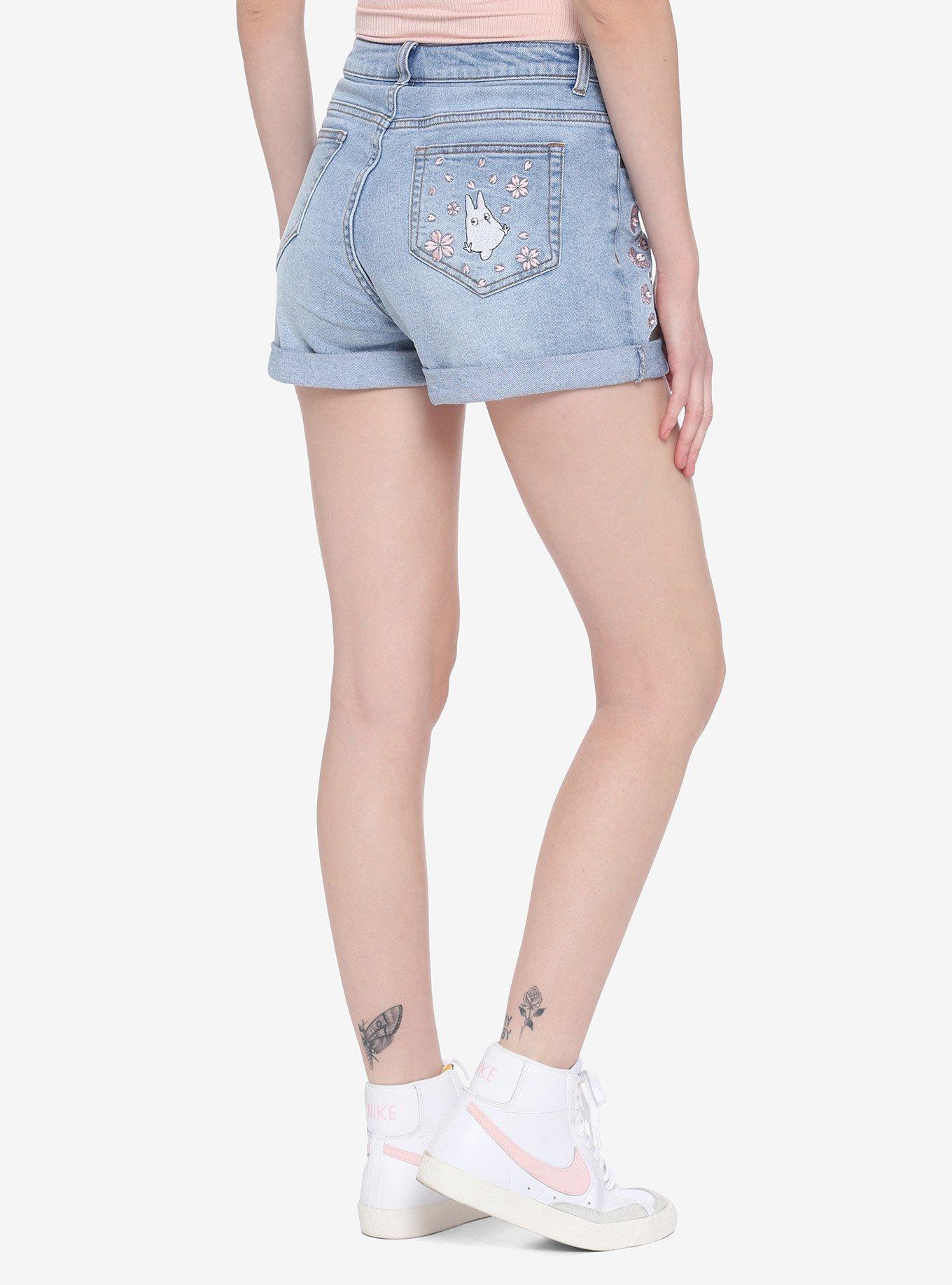 Studio Ghibli My Neighbor Totoro Petals Embroidered High-Waisted Denim Shorts, MULTI, alternate