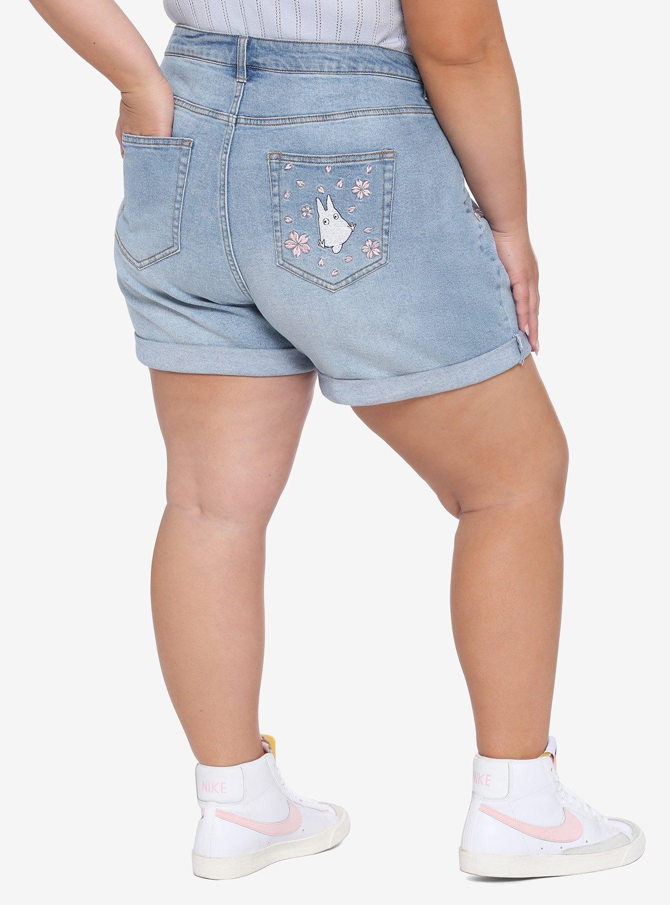 Studio Ghibli My Neighbor Totoro Petals Embroidered High-Waisted Denim Shorts Plus Size, MULTI, alternate