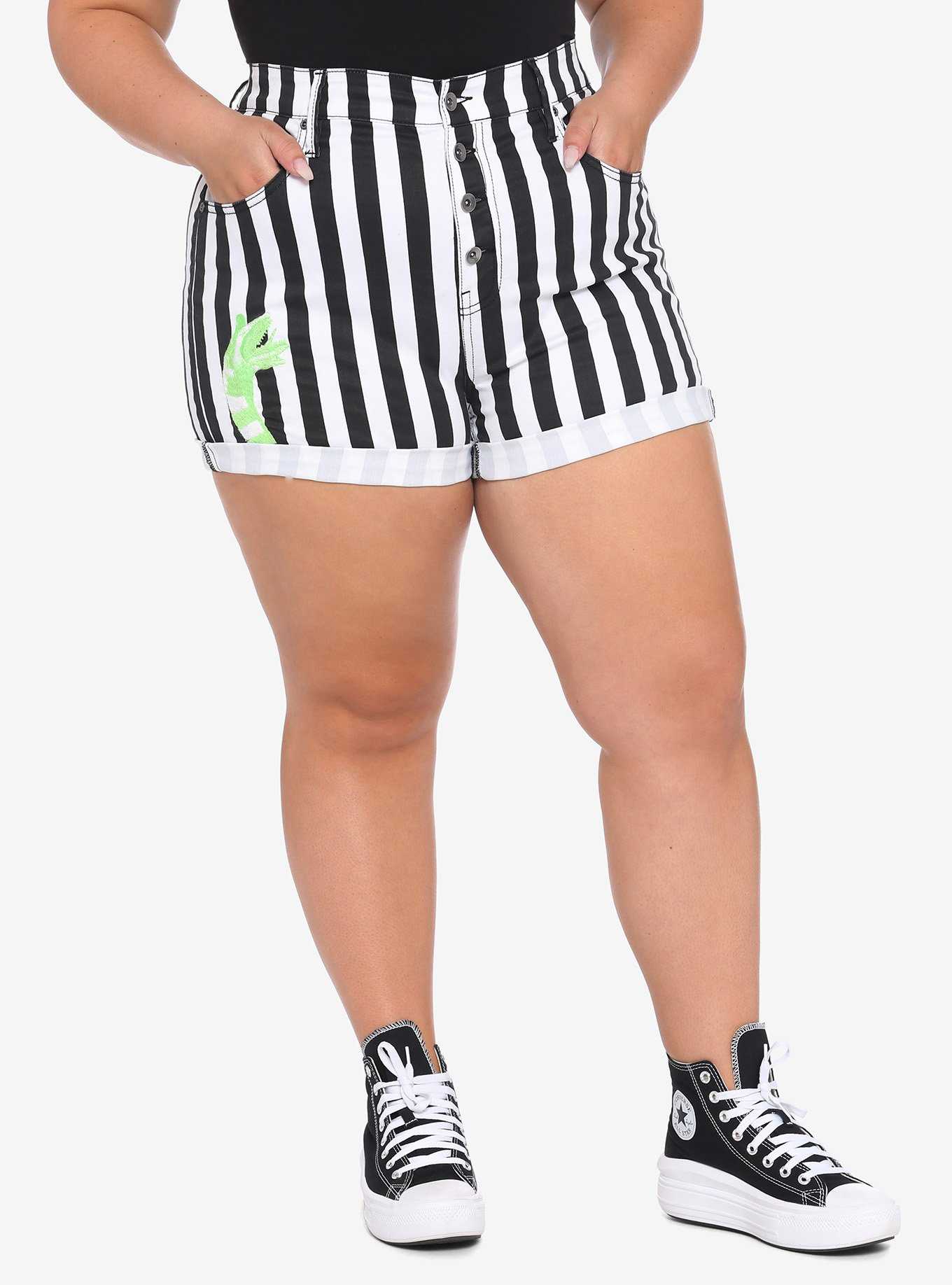 Beetlejuice Stripe Hi-Rise Button-Front Shorts Plus Size, , hi-res
