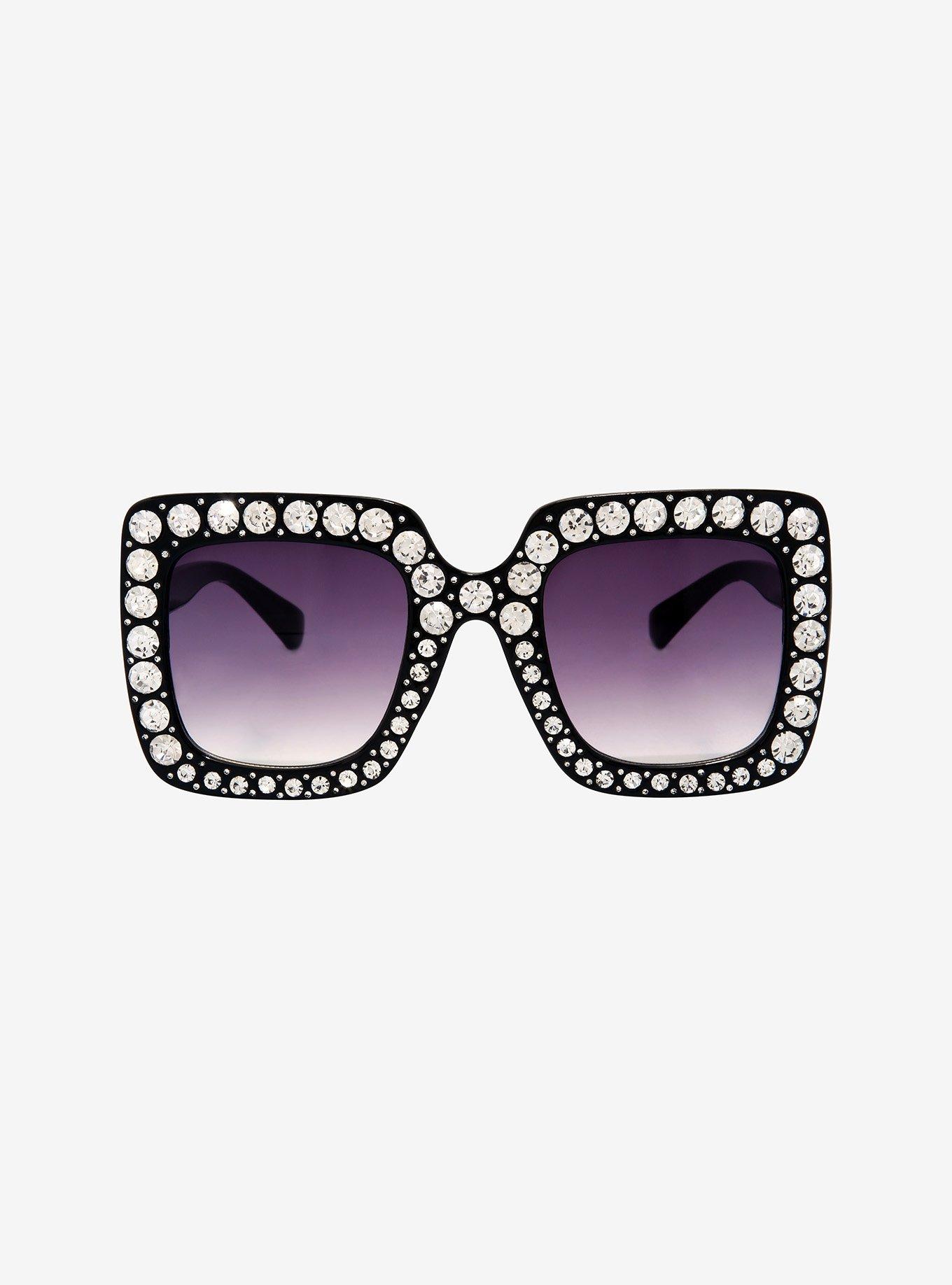 Black Oversized CZ Sunglasses, , hi-res