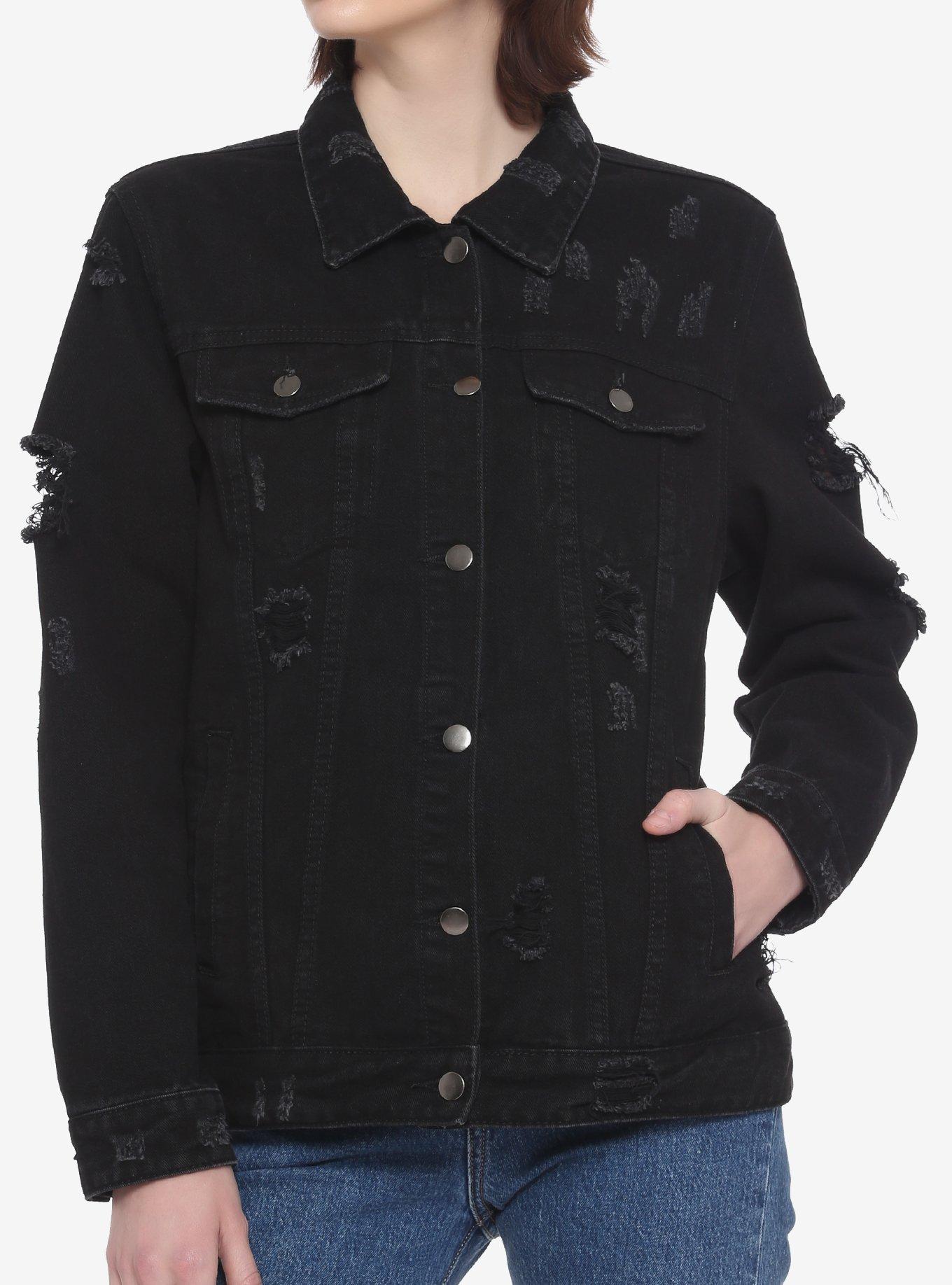 Fashion Tour Destructed Black Denim Jacket, BLACK, alternate