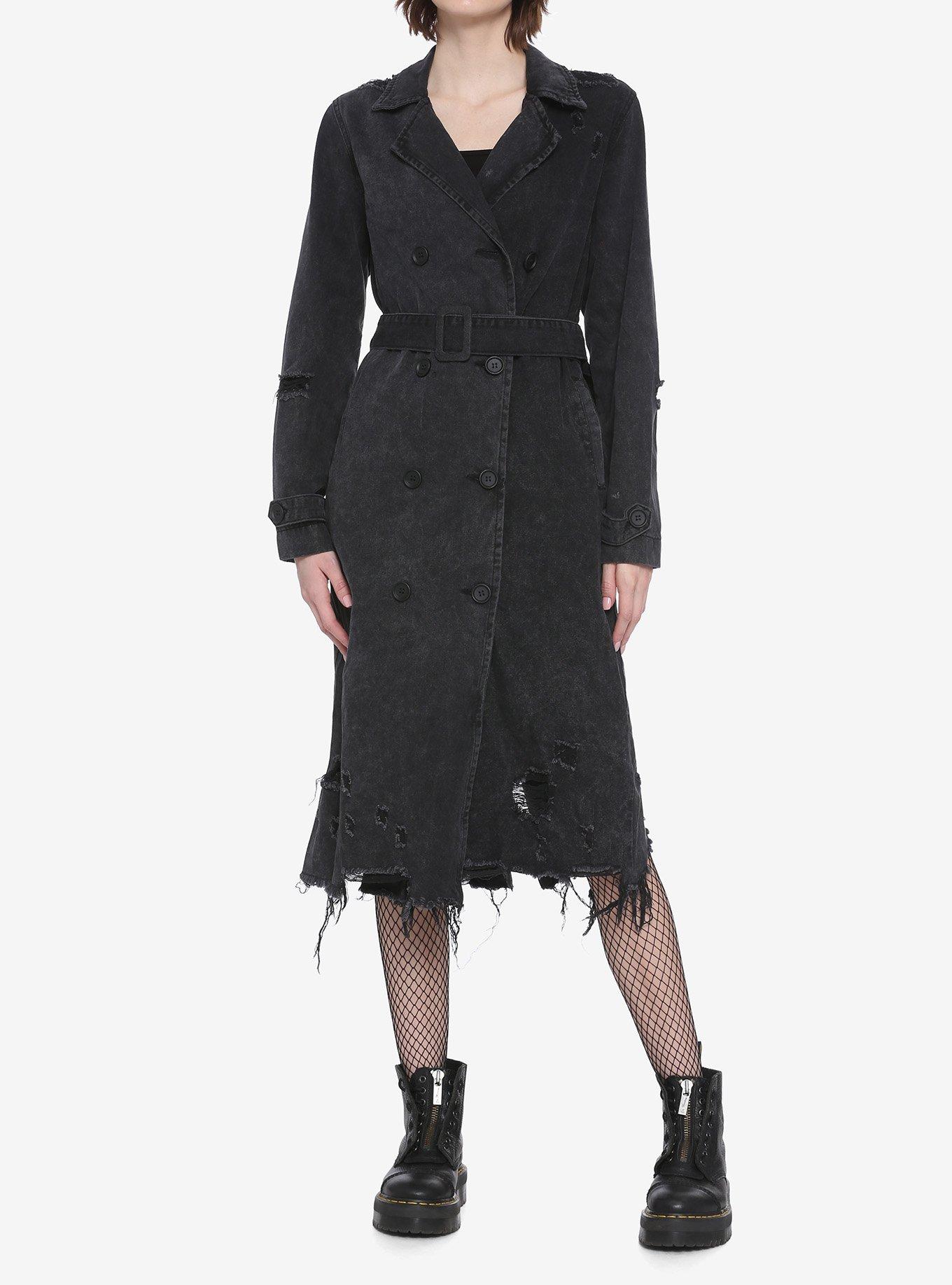 Destructed Black Denim Girls Trench Coat, BLACK, alternate