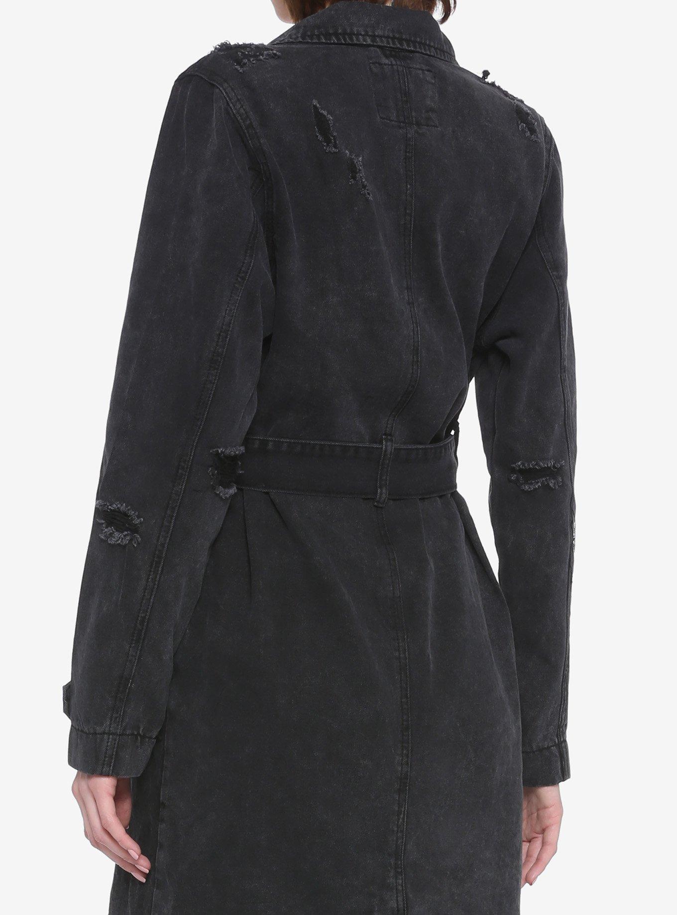 Destructed Black Denim Girls Trench Coat, BLACK, alternate