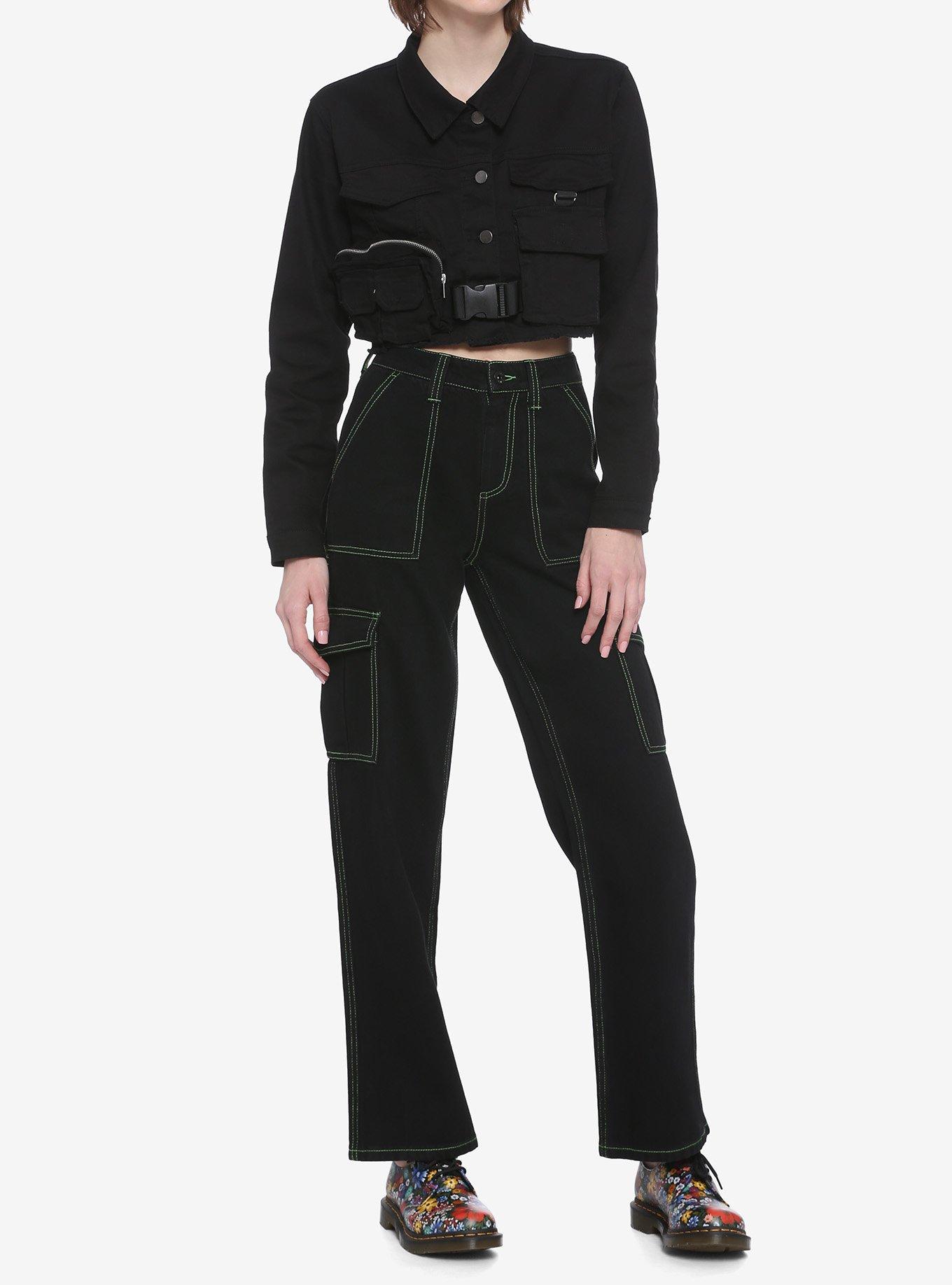 Black Pockets & Buckle Girls Crop Cargo Jacket, BLACK, alternate