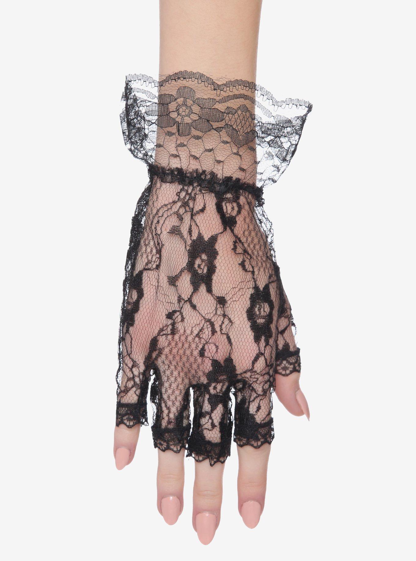 Black Lace Ruffle Fingerless Gloves, , alternate