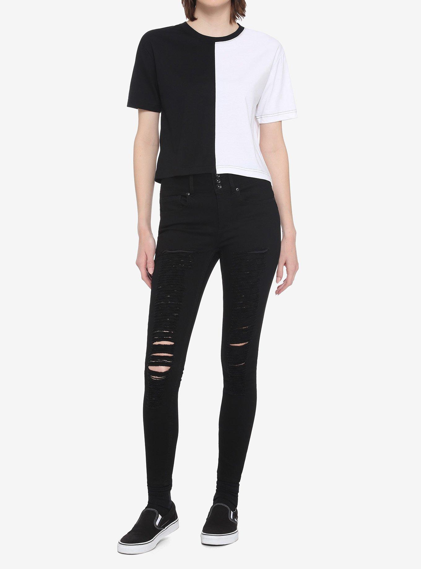 Black & White Split Girls Crop T-Shirt, MULTI, alternate