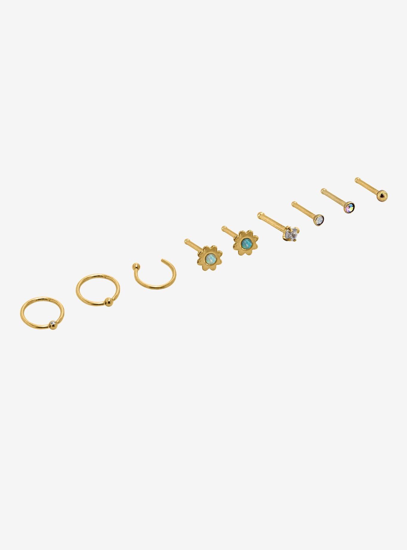 Steel Gold Floral Gems Nose Hoop & Stud 9 Pack, MULTI, alternate