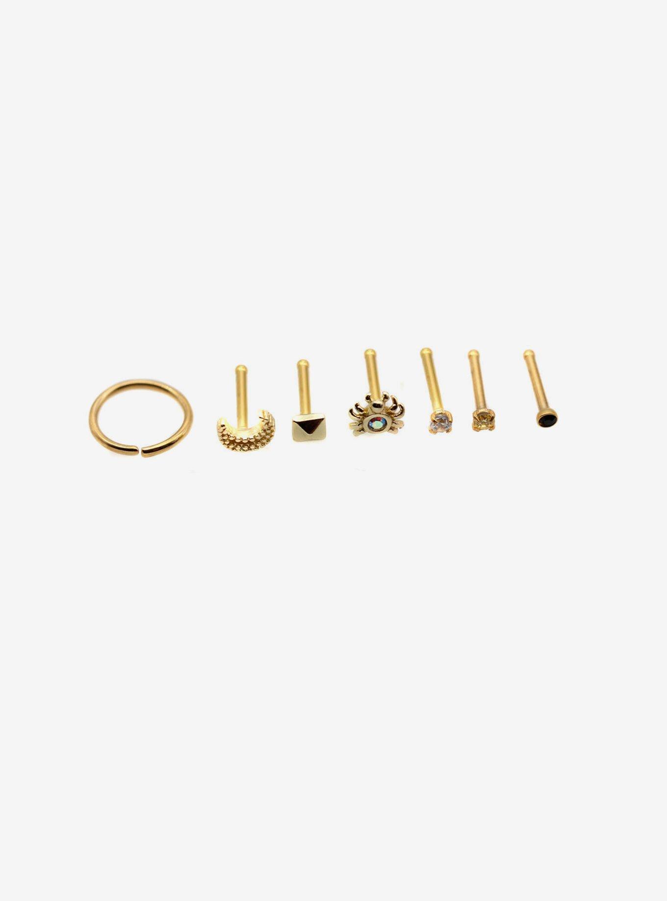 Steel Gold Nose Stud & Hoop 7 Pack, GOLD, alternate