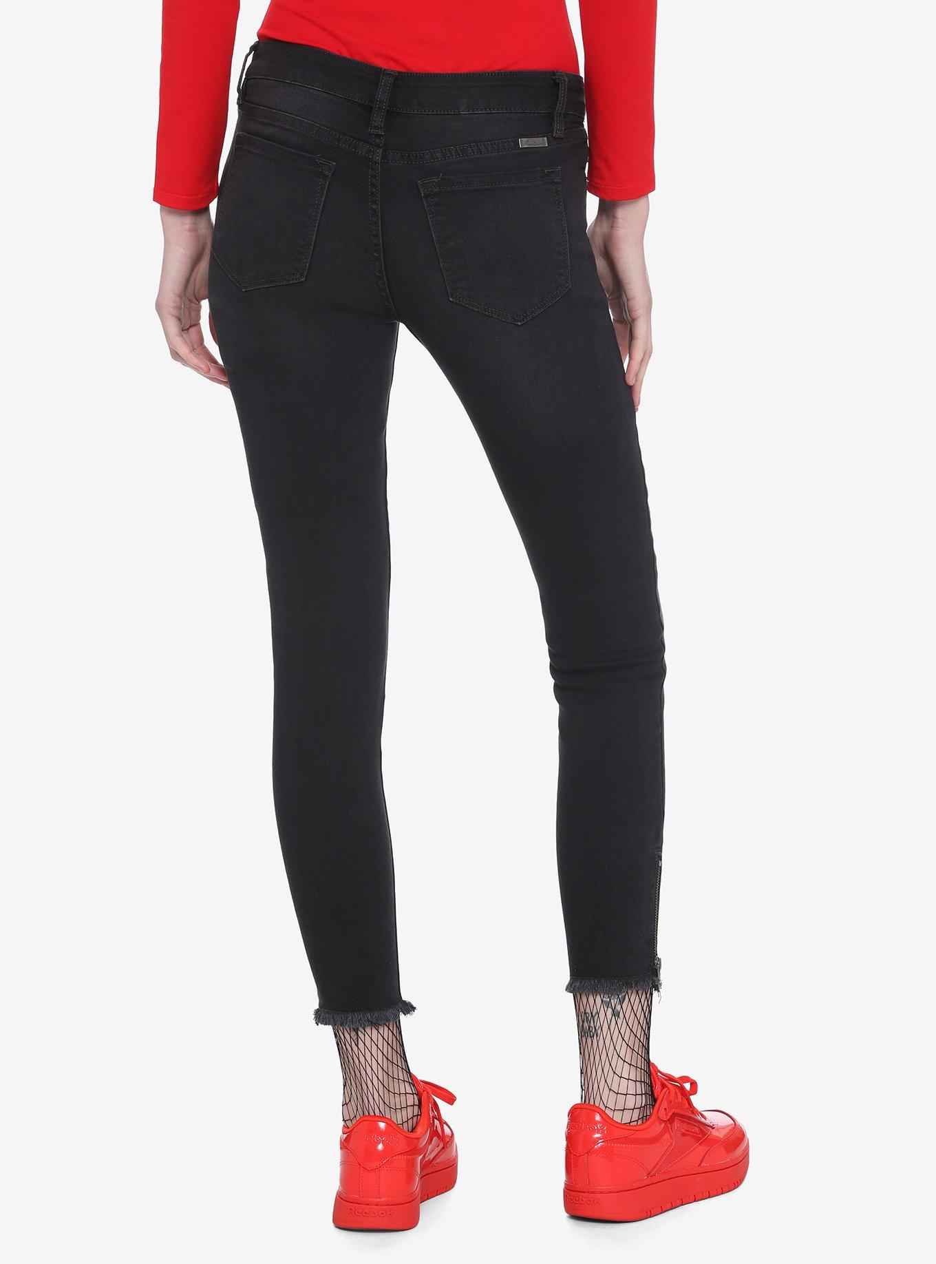 Black Zipper Ankle Skinny Jeans, BLACK, alternate