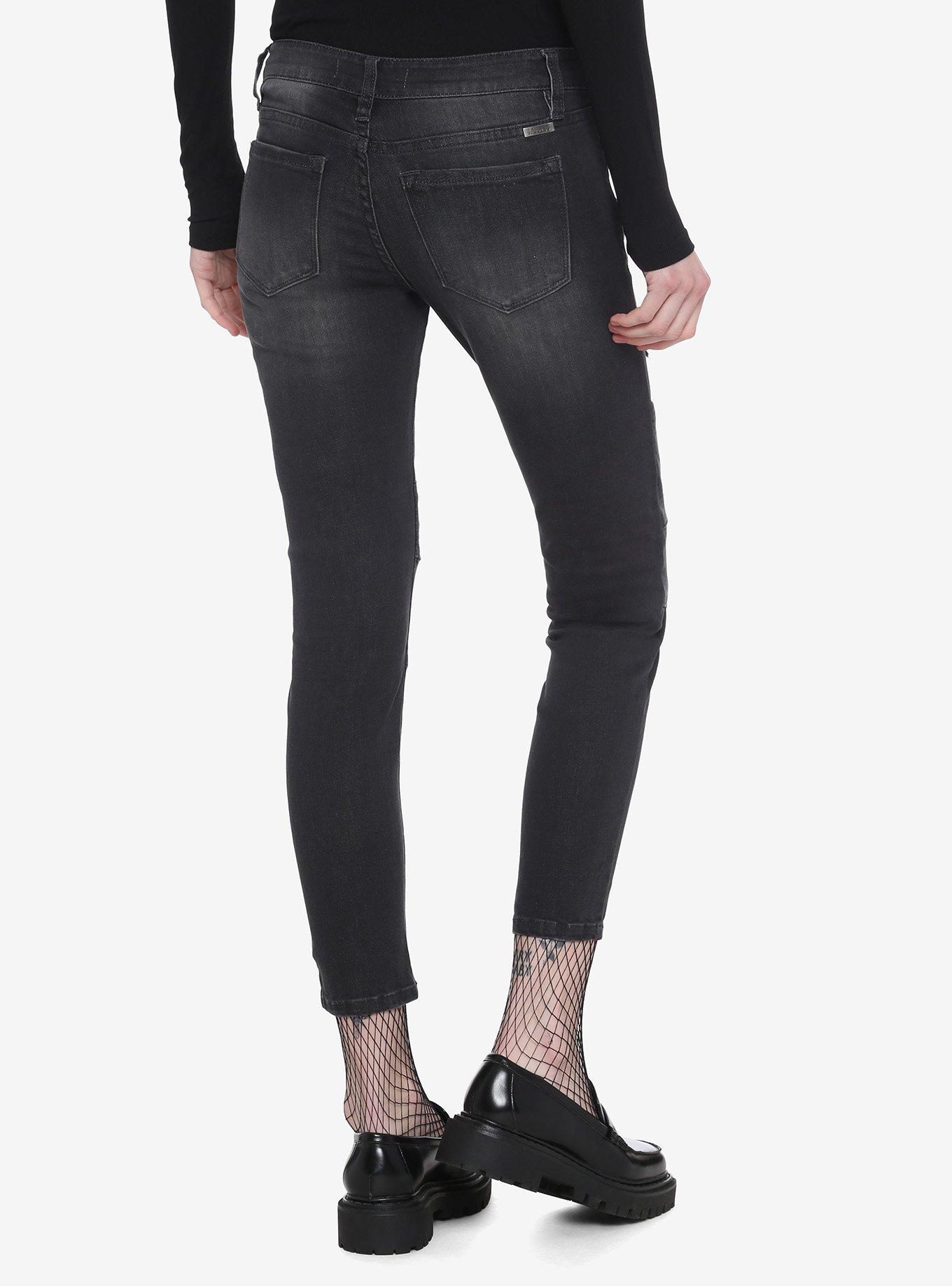 Black Destructed Moto Wash Crop Skinny Jeans, BLACK, alternate