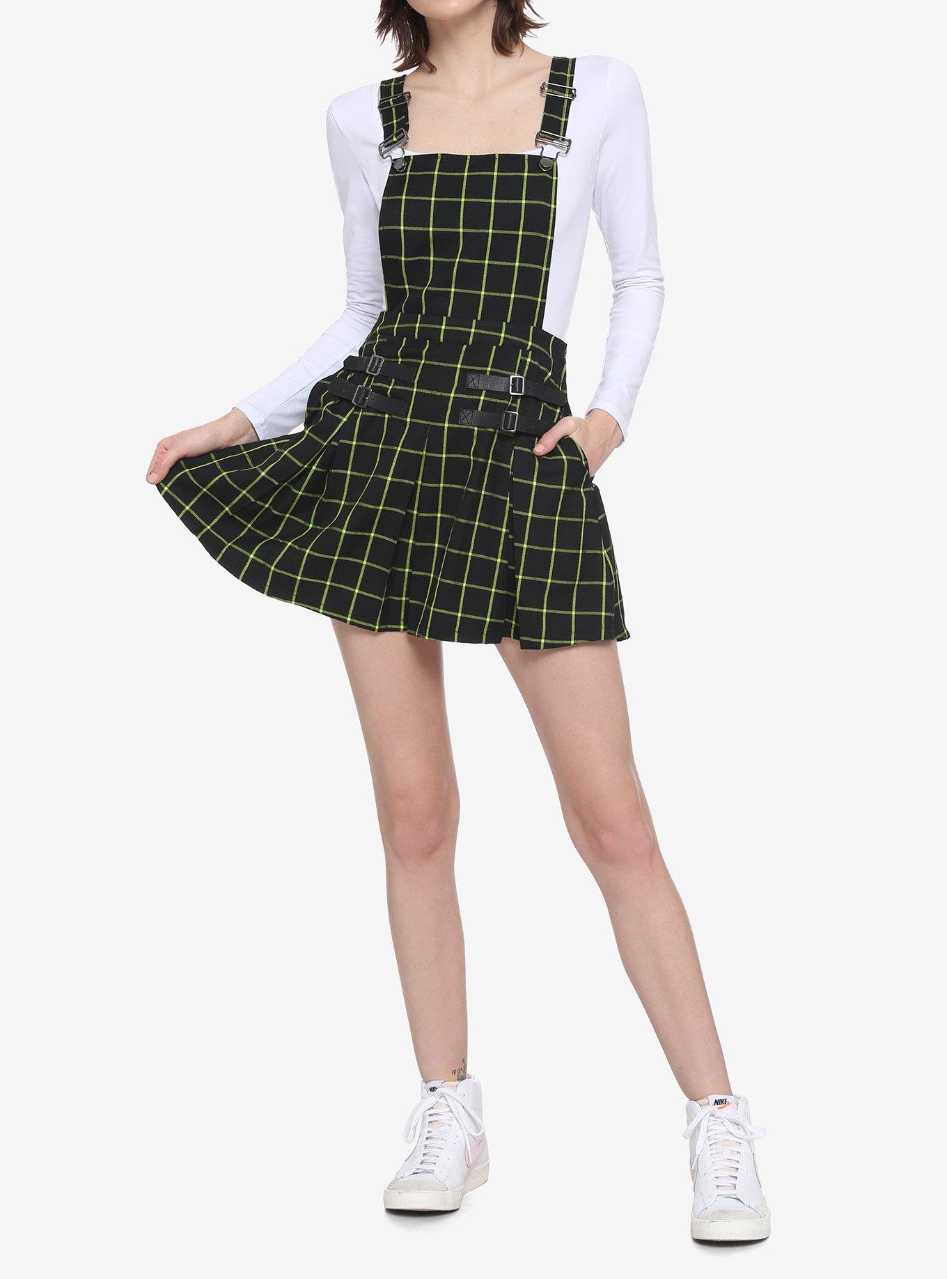 Green & Black Grid Plaid Pleated Skirtall, BLACK, alternate