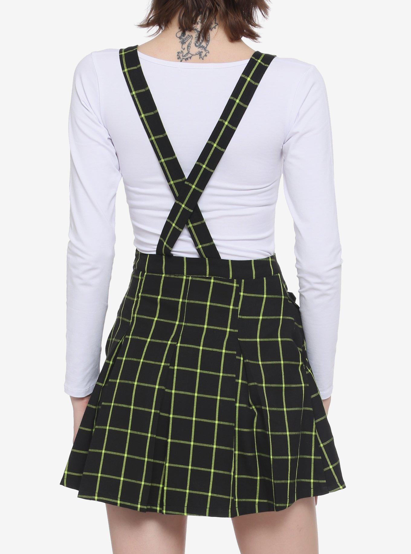 Green & Black Grid Plaid Pleated Skirtall, BLACK, alternate