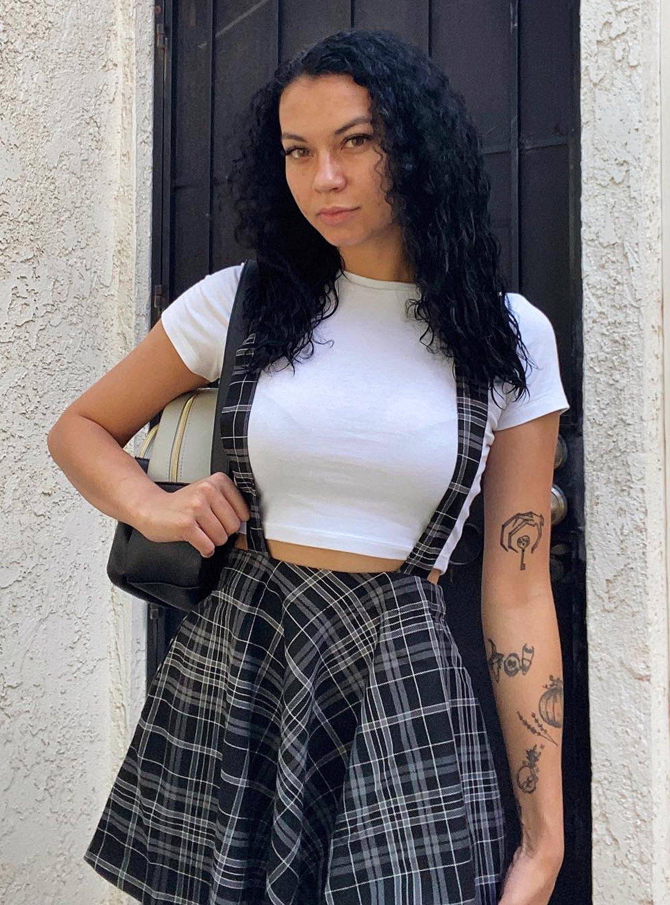 Black & Grey Plaid Suspender Skirt, PLAID - BLACK, alternate