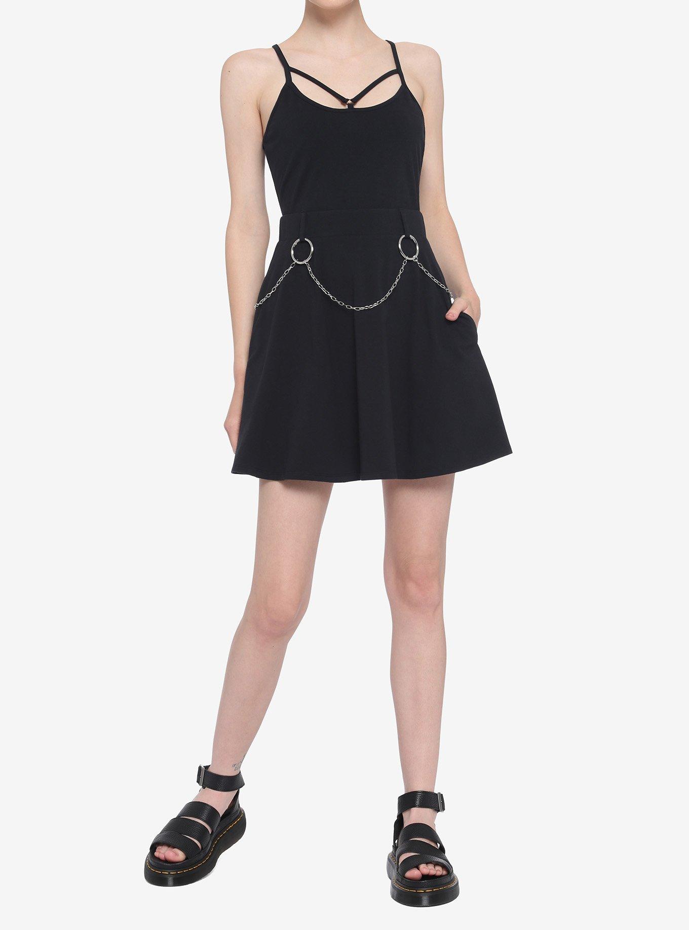 Chain Belt Strappy Skater Dress, BLACK, alternate