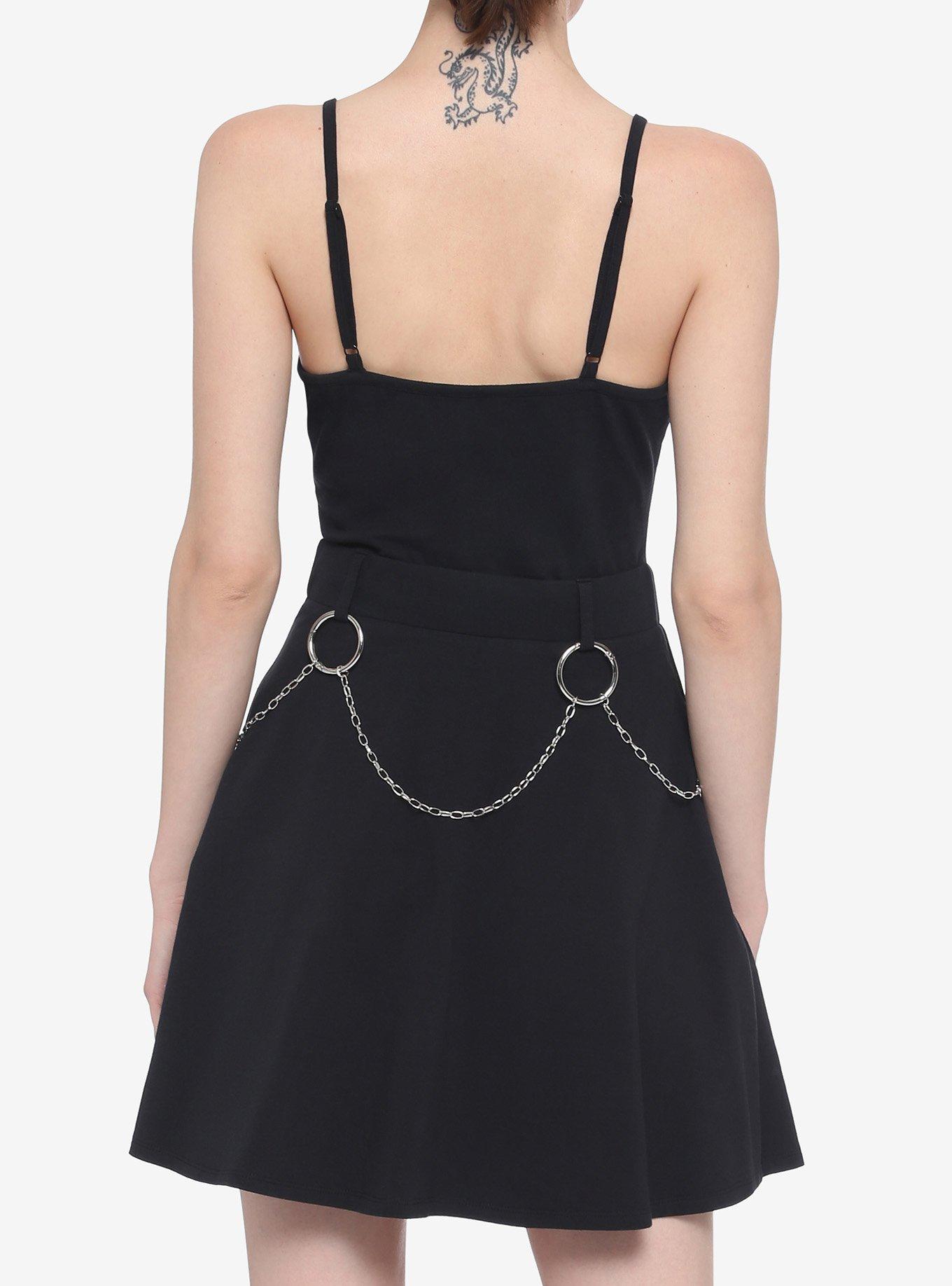 Chain Belt Strappy Skater Dress, BLACK, alternate