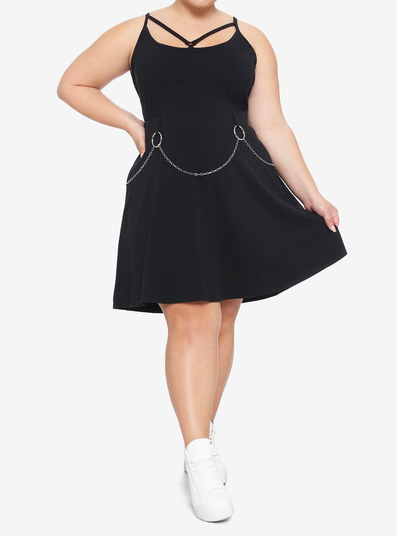 Chain Belt Strappy Skater Dress Plus Size, BLACK, alternate