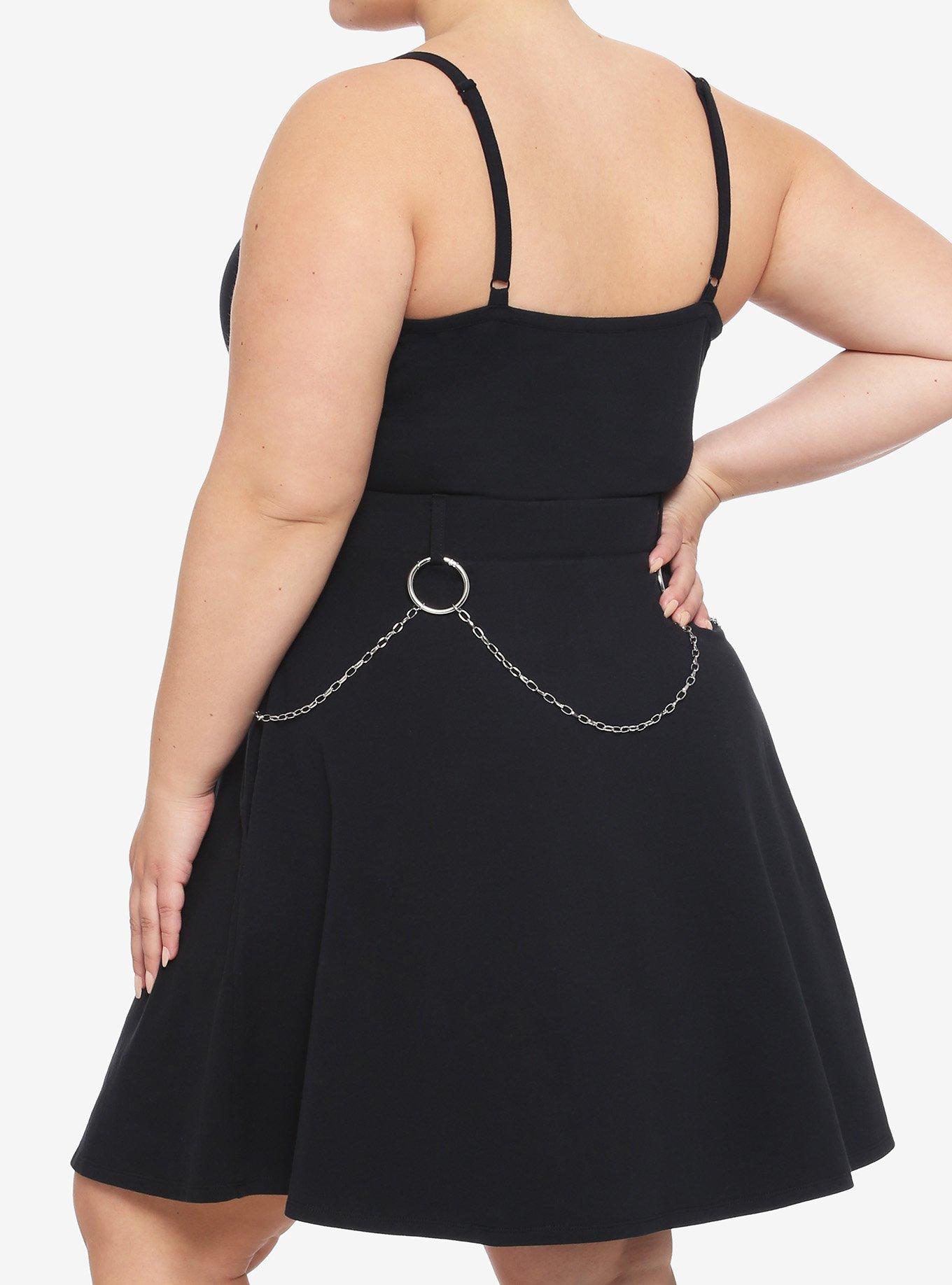 Chain Belt Strappy Skater Dress Plus Size, BLACK, alternate
