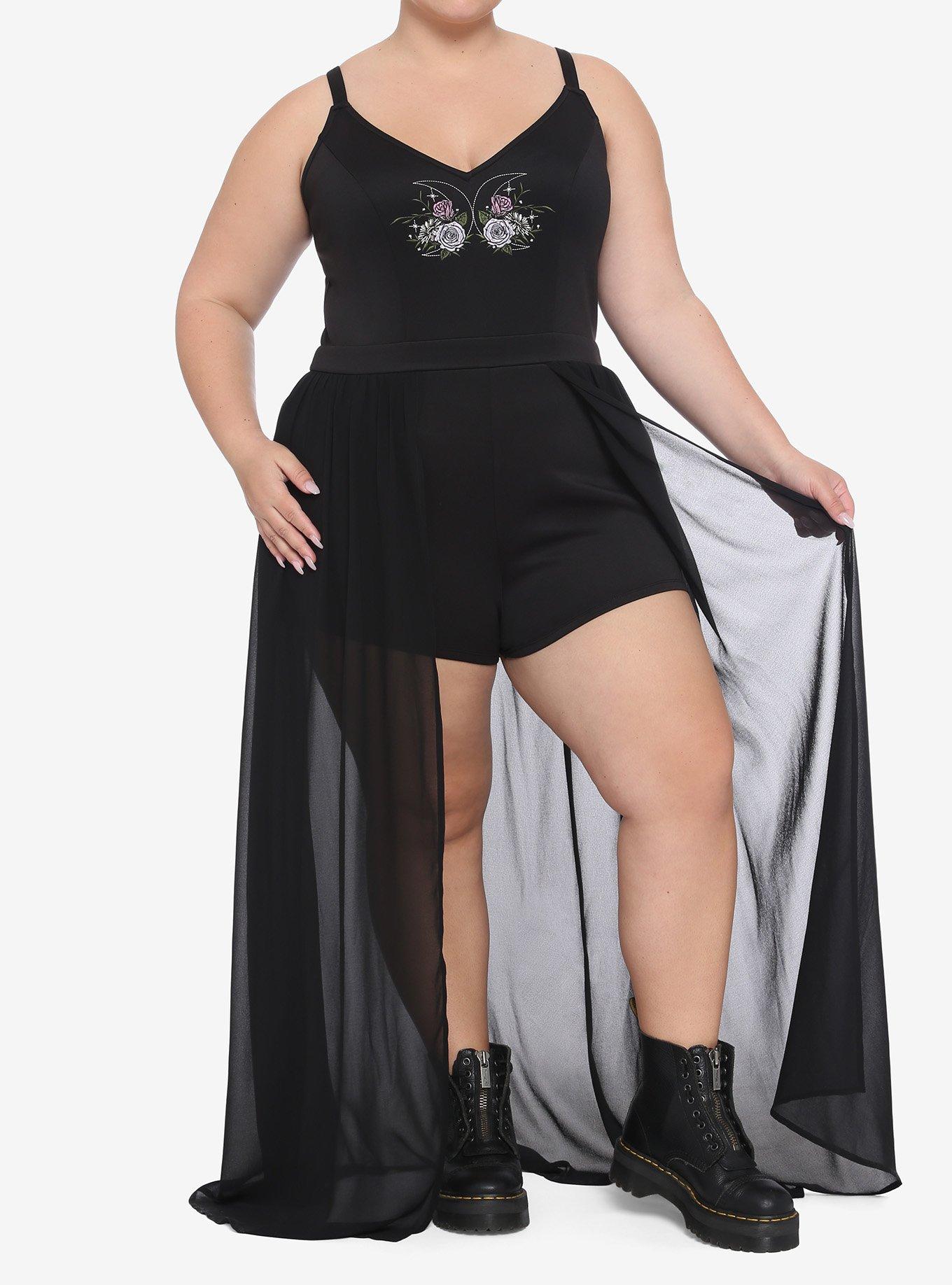 Double Moon & Flowers Embroidered Duster Romper Plus Size, BLACK, alternate