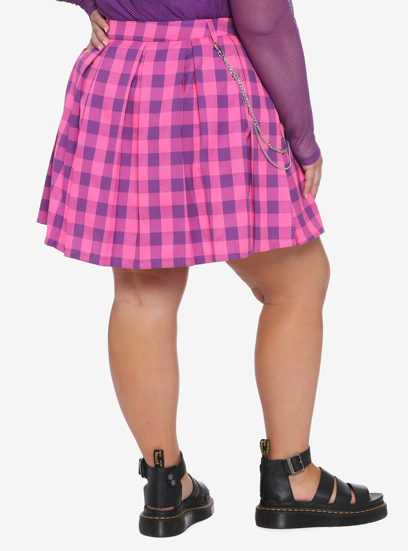 Pink & Purple Plaid Pleated Chain Skirt Plus Size, PLAID, alternate