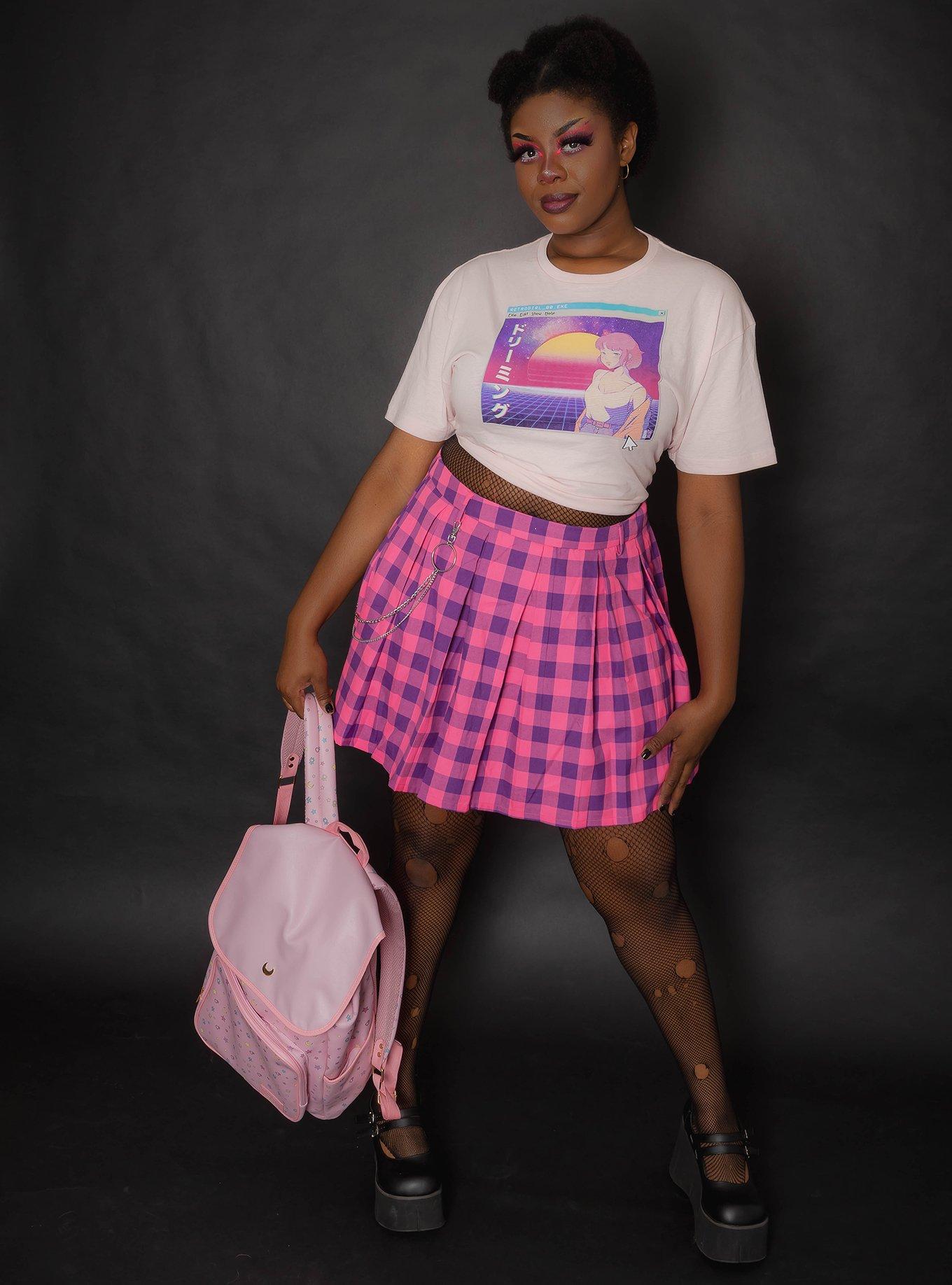 Pink & Purple Plaid Pleated Chain Skirt Plus Size, PLAID, alternate