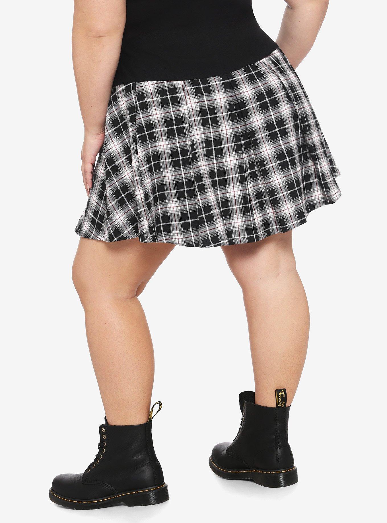 Black & White Plaid Yoke Pleated Skirt Plus Size, PLAID, alternate