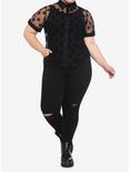 Black Flocked Planchette Sheer Girls Button-Up Plus Size, BLACK, alternate
