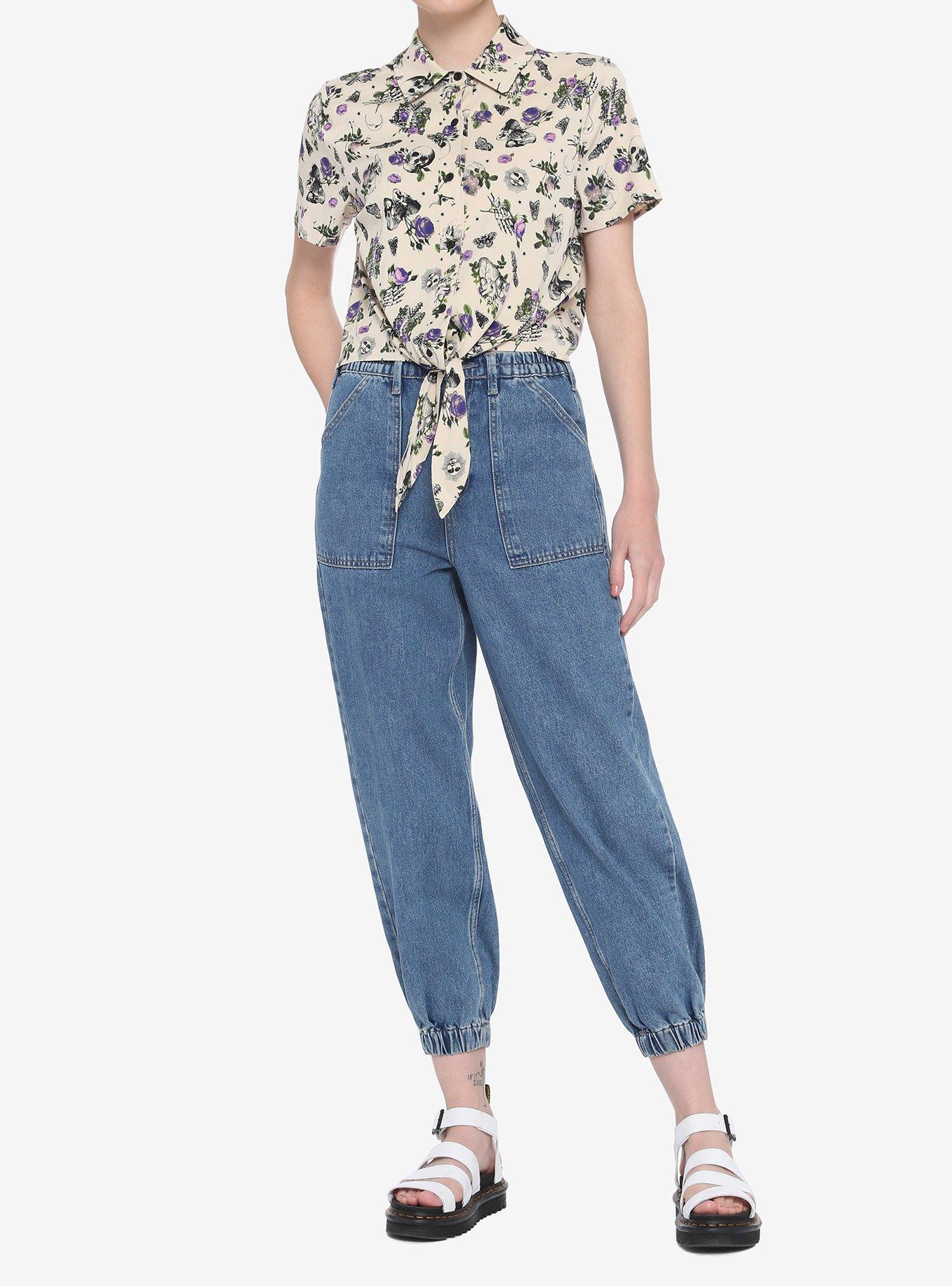 Bones & Flowers Tie-Front Girls Woven Button-Up, BEIGE, alternate