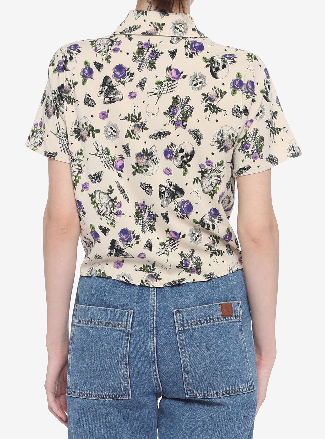 Bones & Flowers Tie-Front Girls Woven Button-Up, BEIGE, alternate